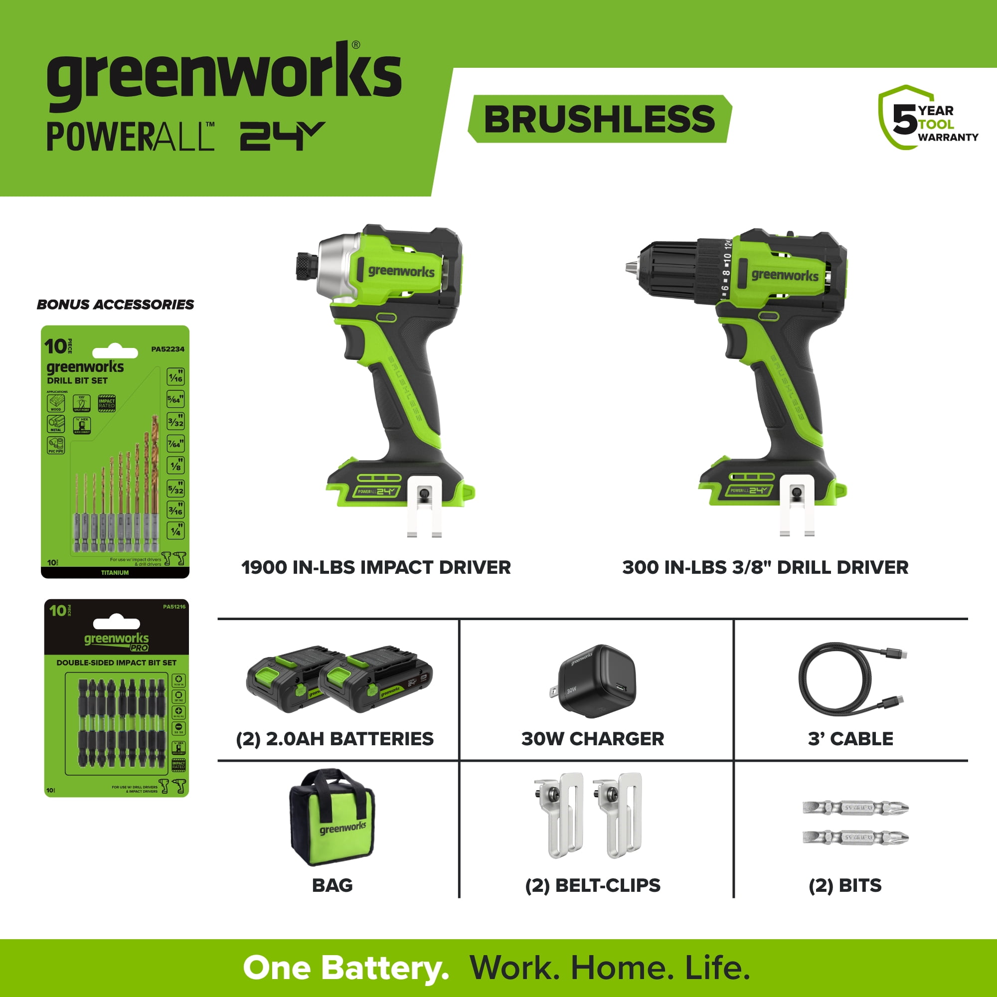 Greenworks 24V Brushless Power Tool Combo Kit with Drill and Impact Driver (2-Piece Set, 10-Piece Bit Accessory Kit) 69zi3