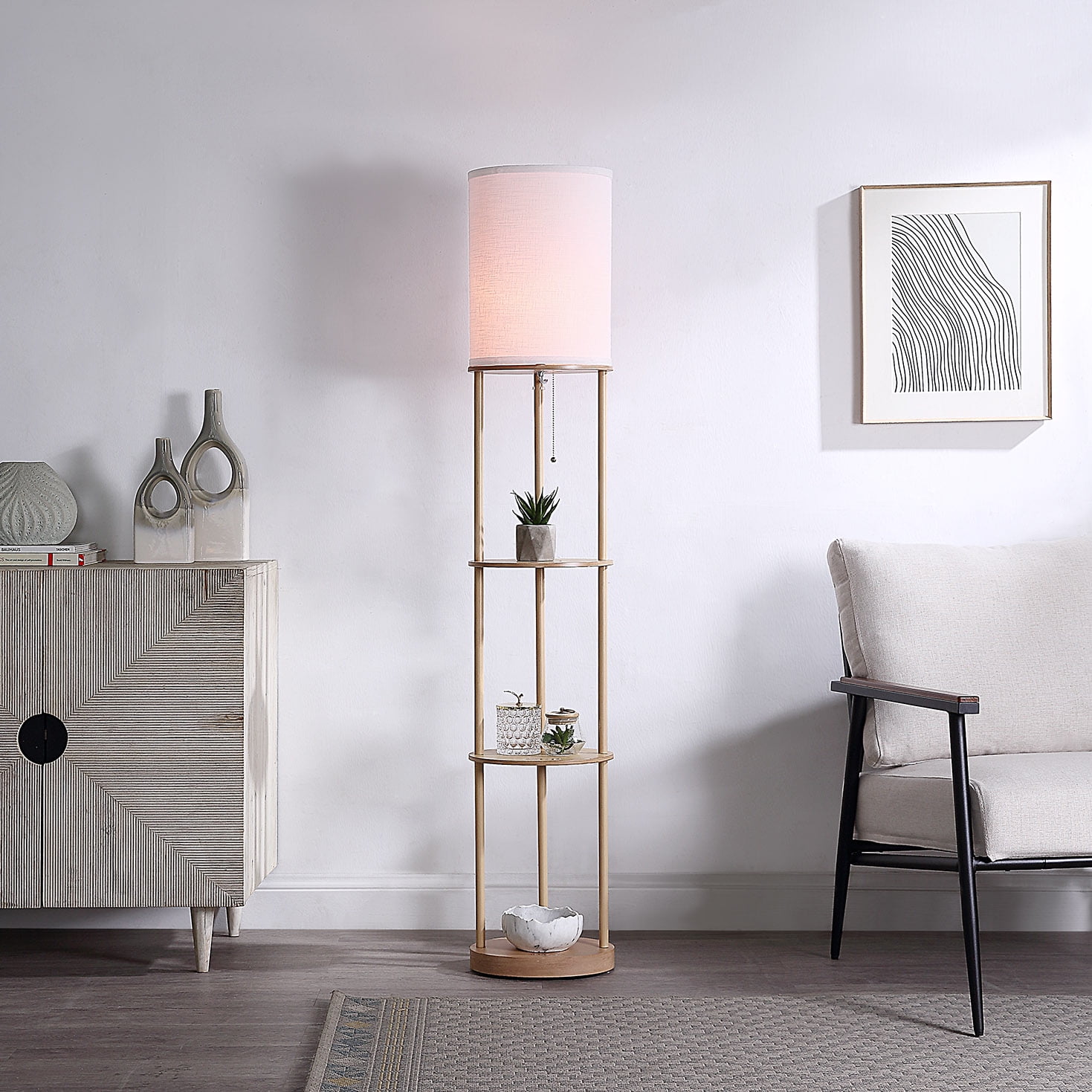 Mainstays Farmhouse Floor Lamp with Shelves, Light Wood Finish (62 in) fs6a5