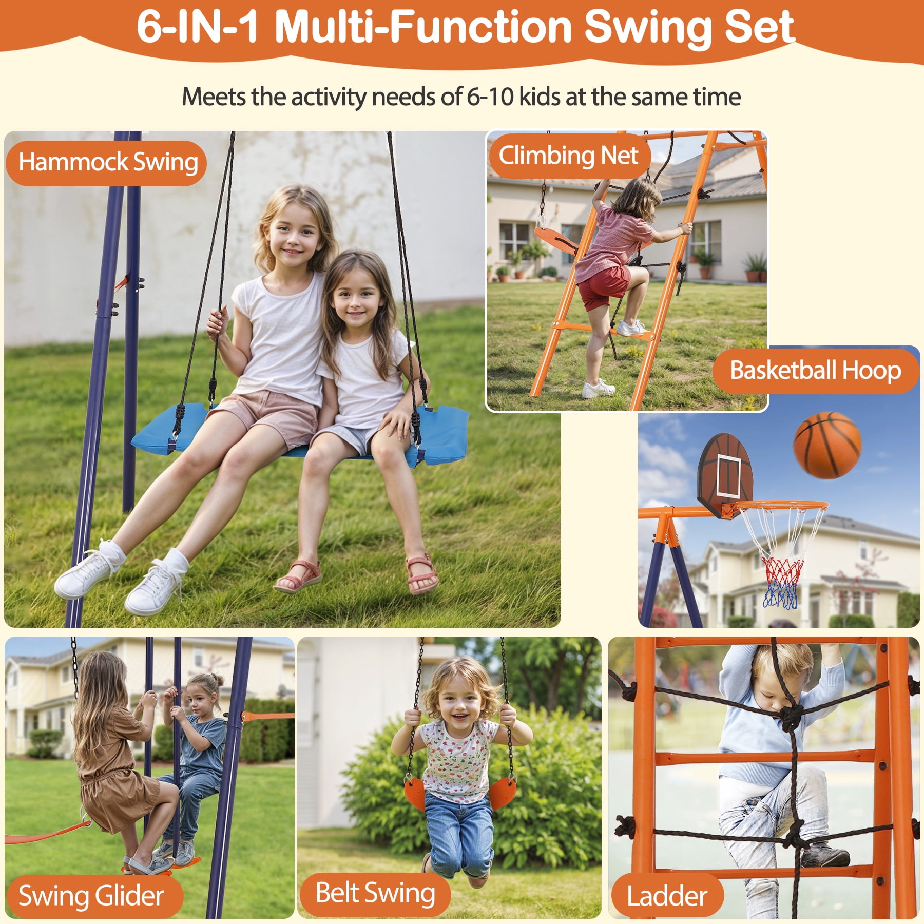 ZenSports 5-in-1 Outdoor Kids Swing Set with Saucer Swing, Belt Swing, Seesaw, Basketball Hoop, and Climbing Ladder (Orange, 660 lb Capacity) wfok7