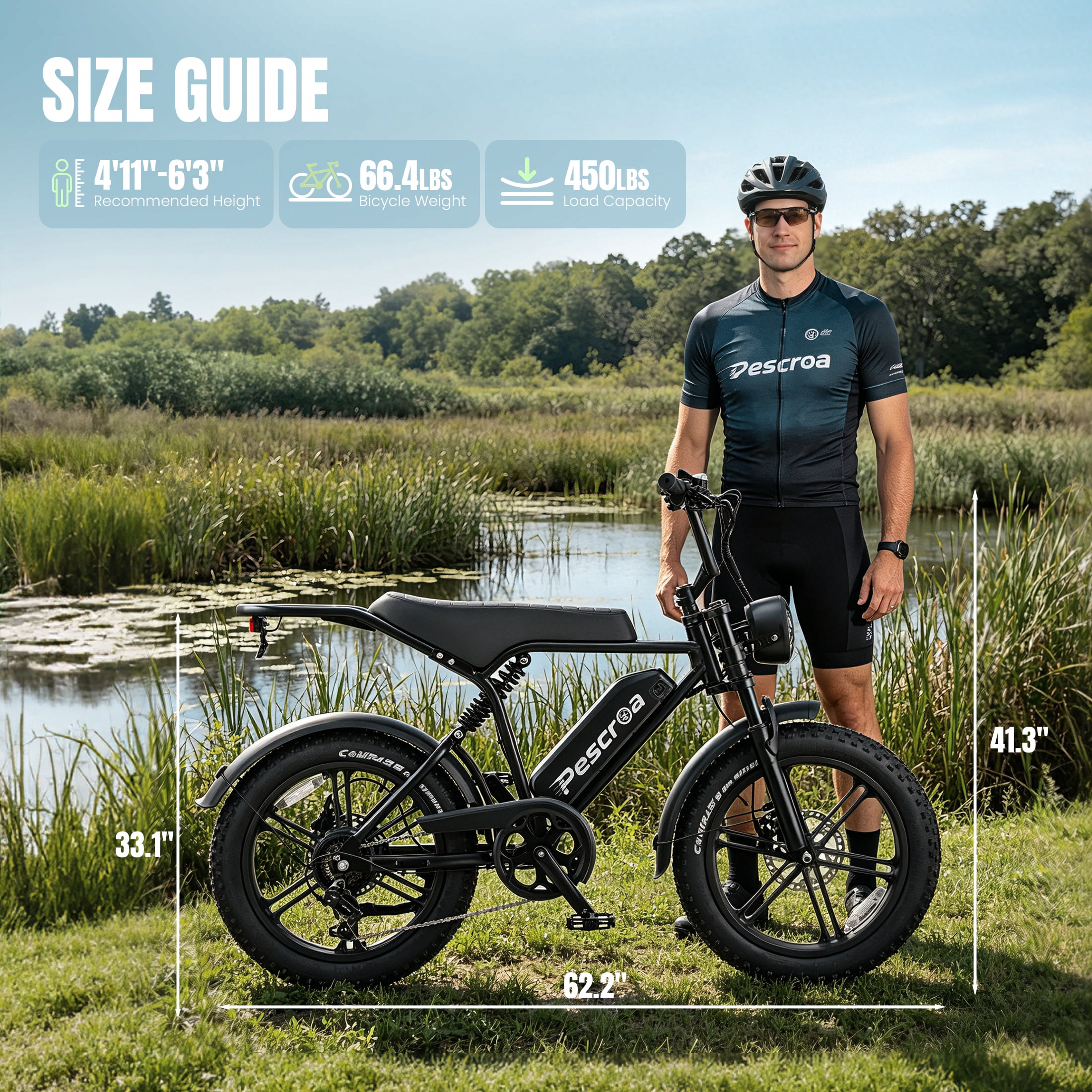 PESCROA Electric Mountain Bike, 1500W Motor Fat Tire E-Bike for Adults, 7-Speed Commuter Bicycle (Black, 20 in) vzp8q