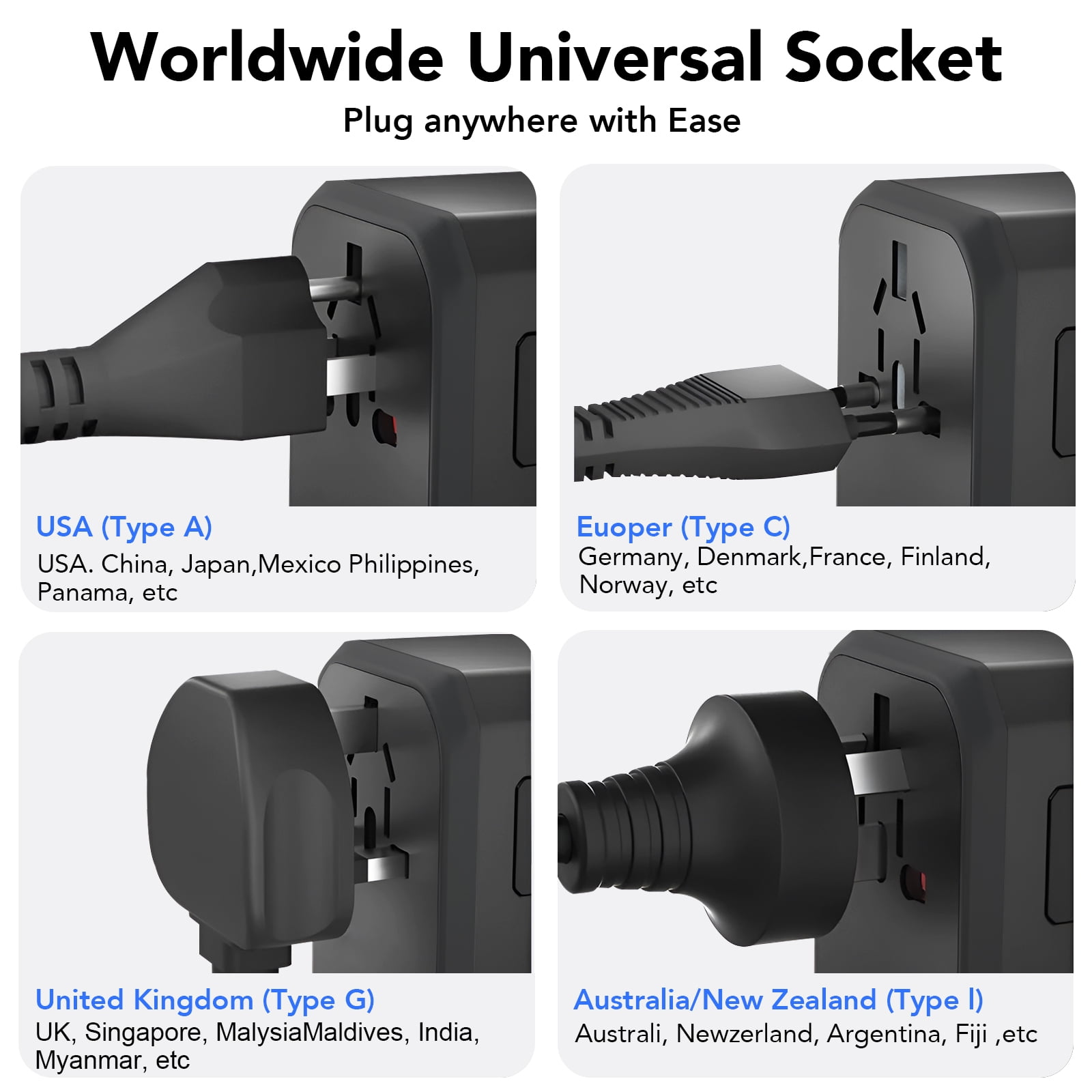FAMOO Universal Travel Adapter International Power Plug with 3 USB-C and 2 USB-A Ports (Black) epx76