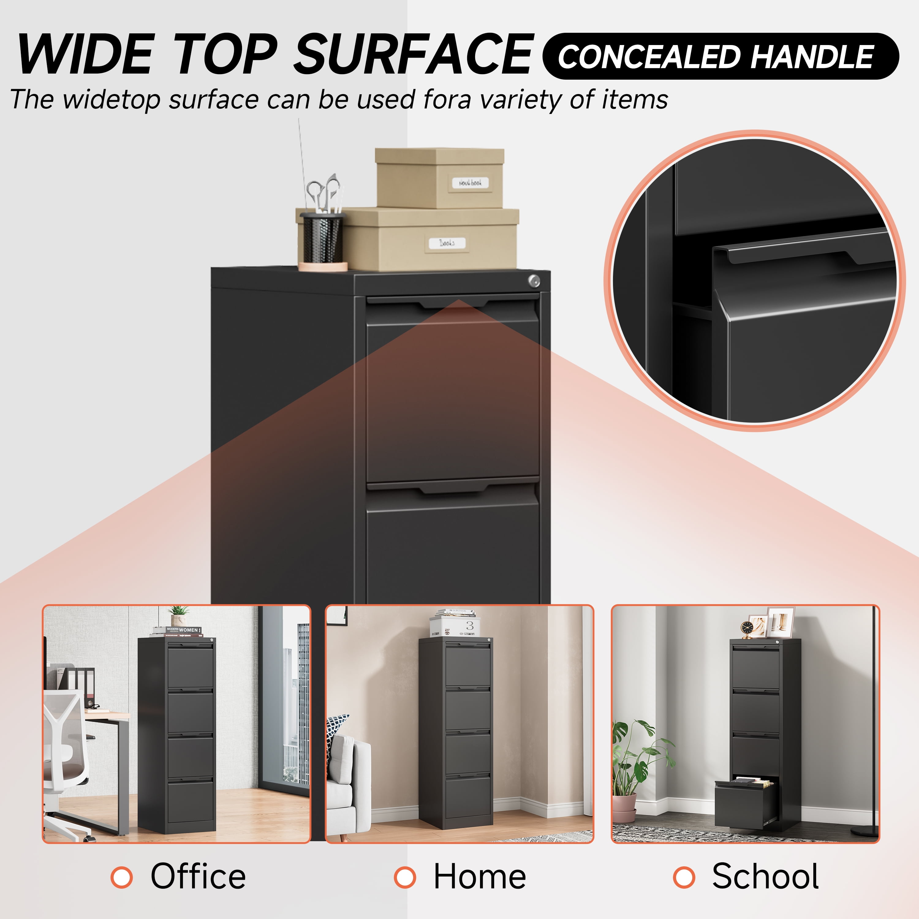 Kooyon 4 Drawer Metal File Cabinet with Lock, Heavy-Duty Home Office Filing Storage (Black, 17.8 in Deep) tyn09