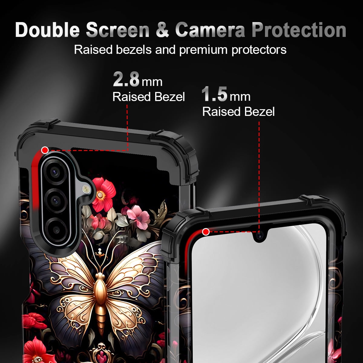 Casetego Samsung Galaxy A17 5G Case, Heavy Duty Shockproof Glow in the Dark Protective Cover (Black Red Butterfly, 1 Pack) 5gpkw