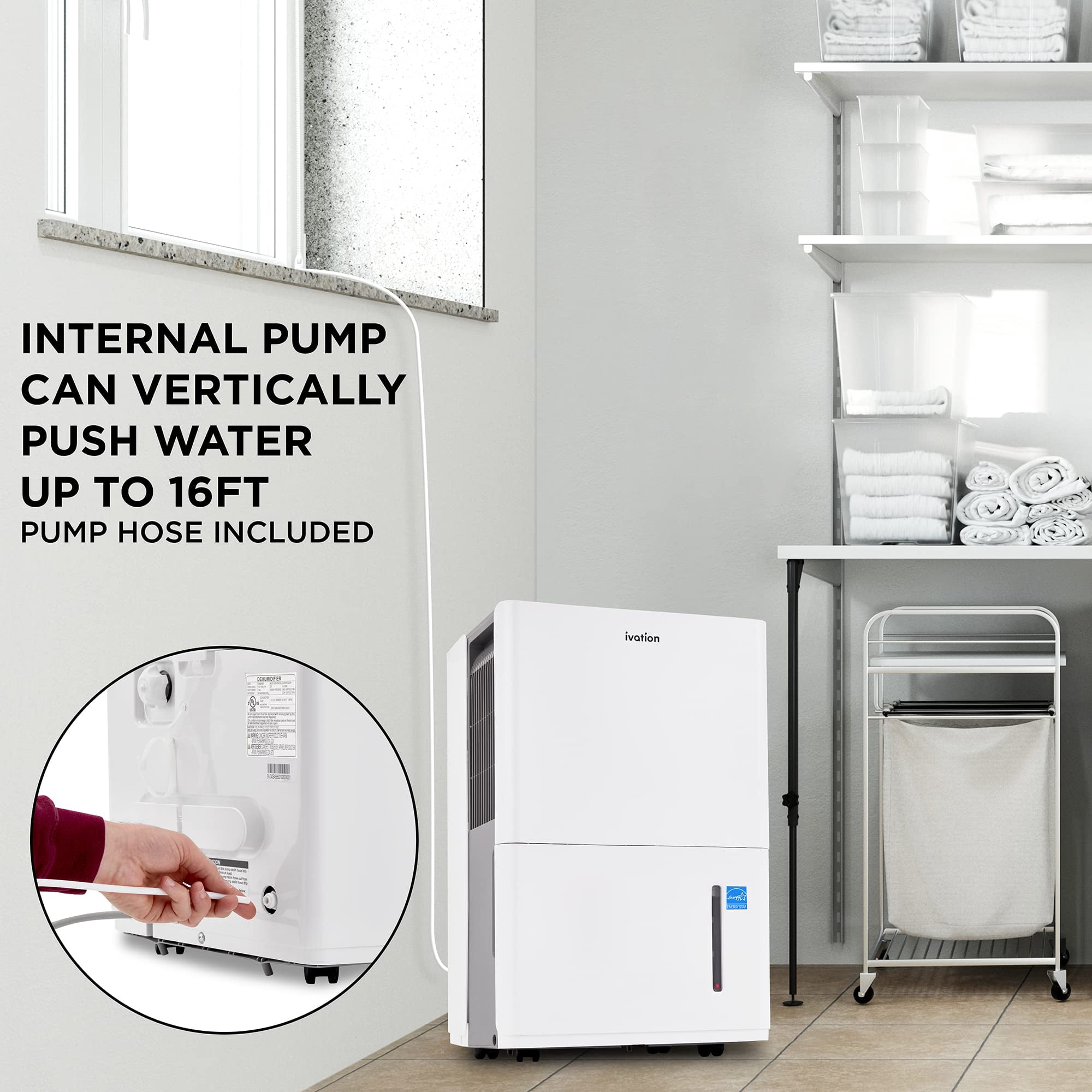 Ivation 4,500 Sq. Ft Energy Star Dehumidifier with Built-in Pump and Humidity Control (White, 50 Pint) ilc84