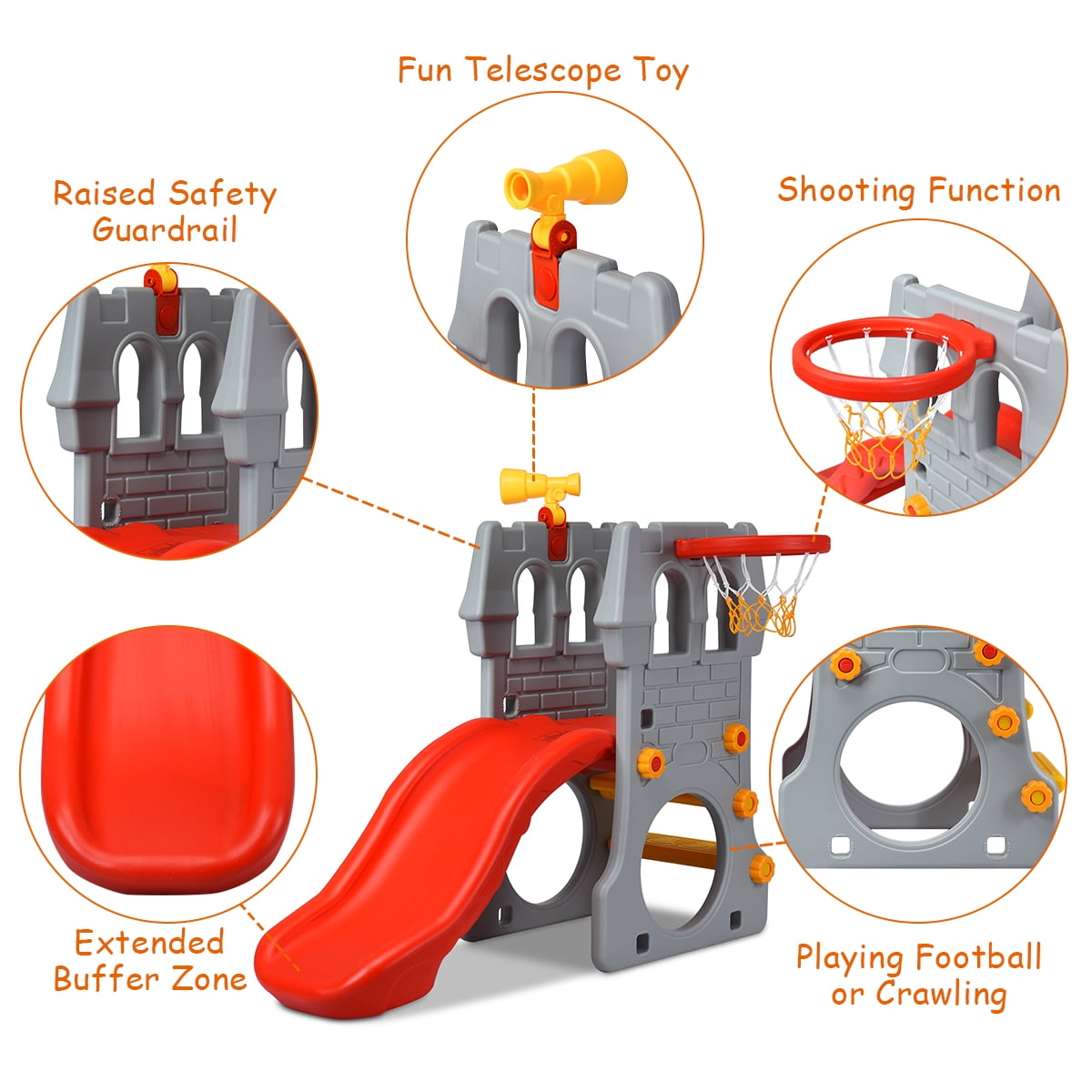 Costway Kids Castle Play Slide with Basketball Hoop and Telescope (Red, 54.5 in x 36.5 in x 45 in) fgnss