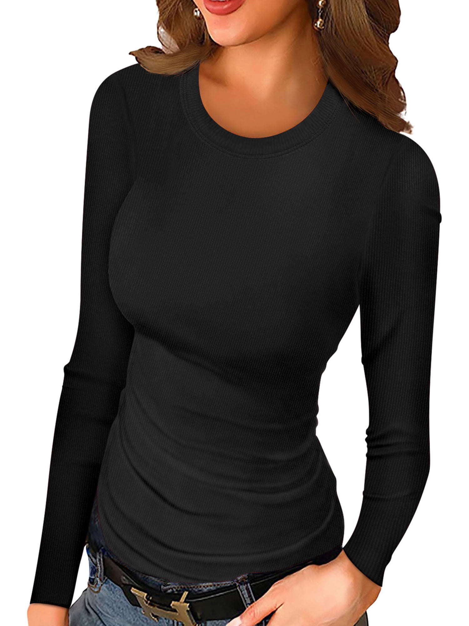 Anygrew Women Long Sleeve Ribbed Knit T-Shirt Slim Fit Casual Basic Top (Black, M) ajye5