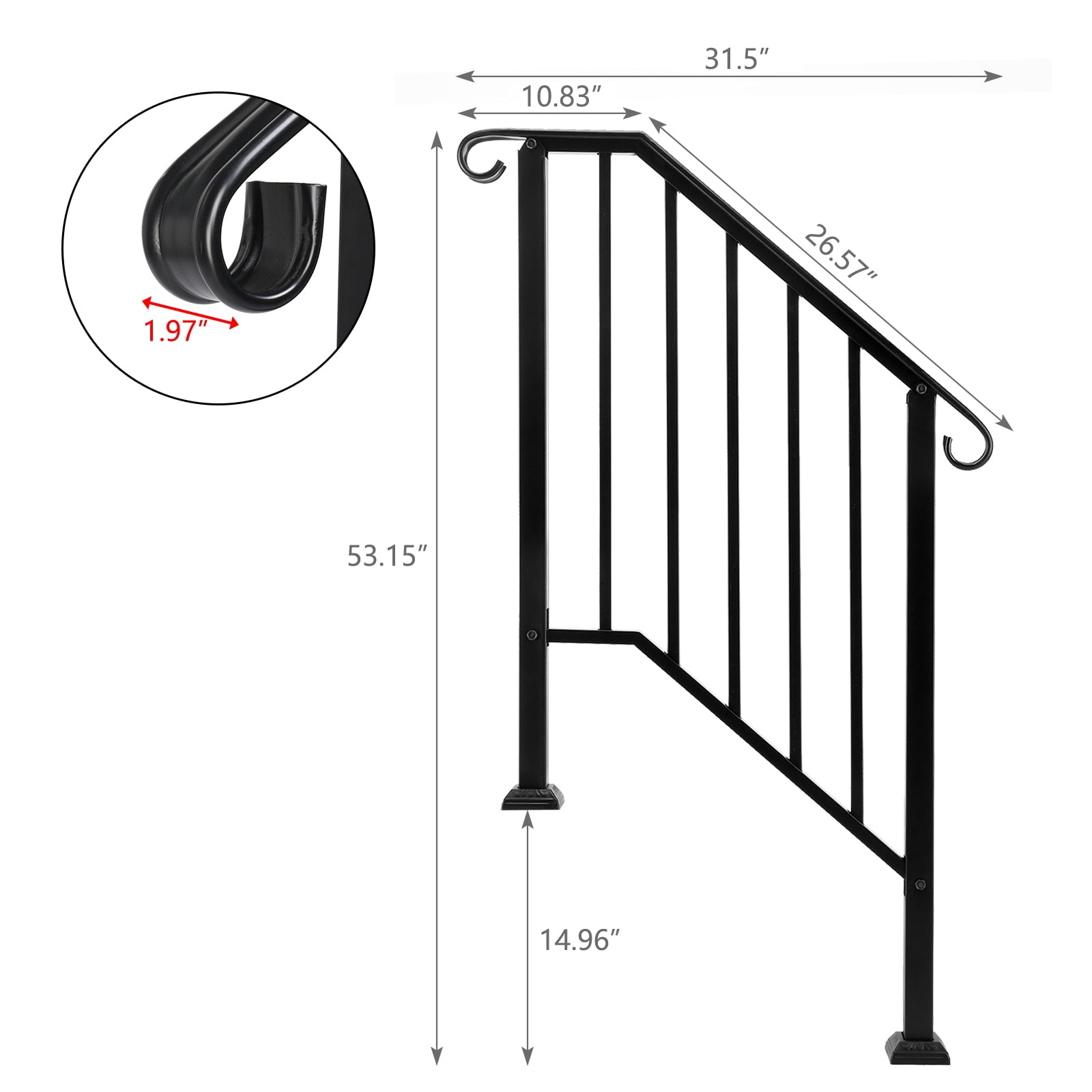 Ktaxon Outdoor Wrought Iron Handrail for 1-3 Steps (Black, 1-3 Step) ygbhc