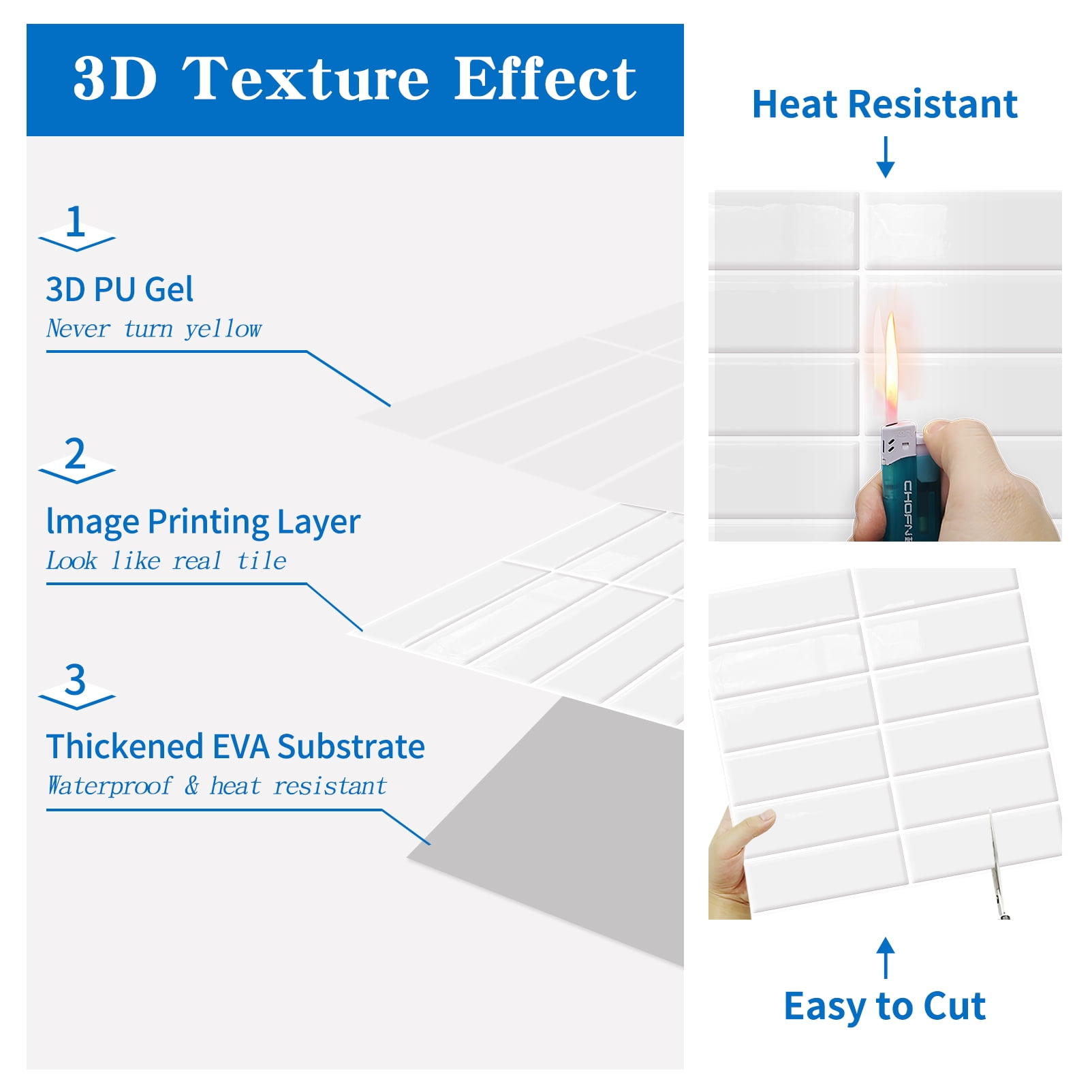 DEWOO Peel and Stick Backsplash Wall Tiles, Extra Thick 3D Adhesive Panels for Kitchen and Bathroom (White, 10 Pack, 12 in x 12 in) v78c3
