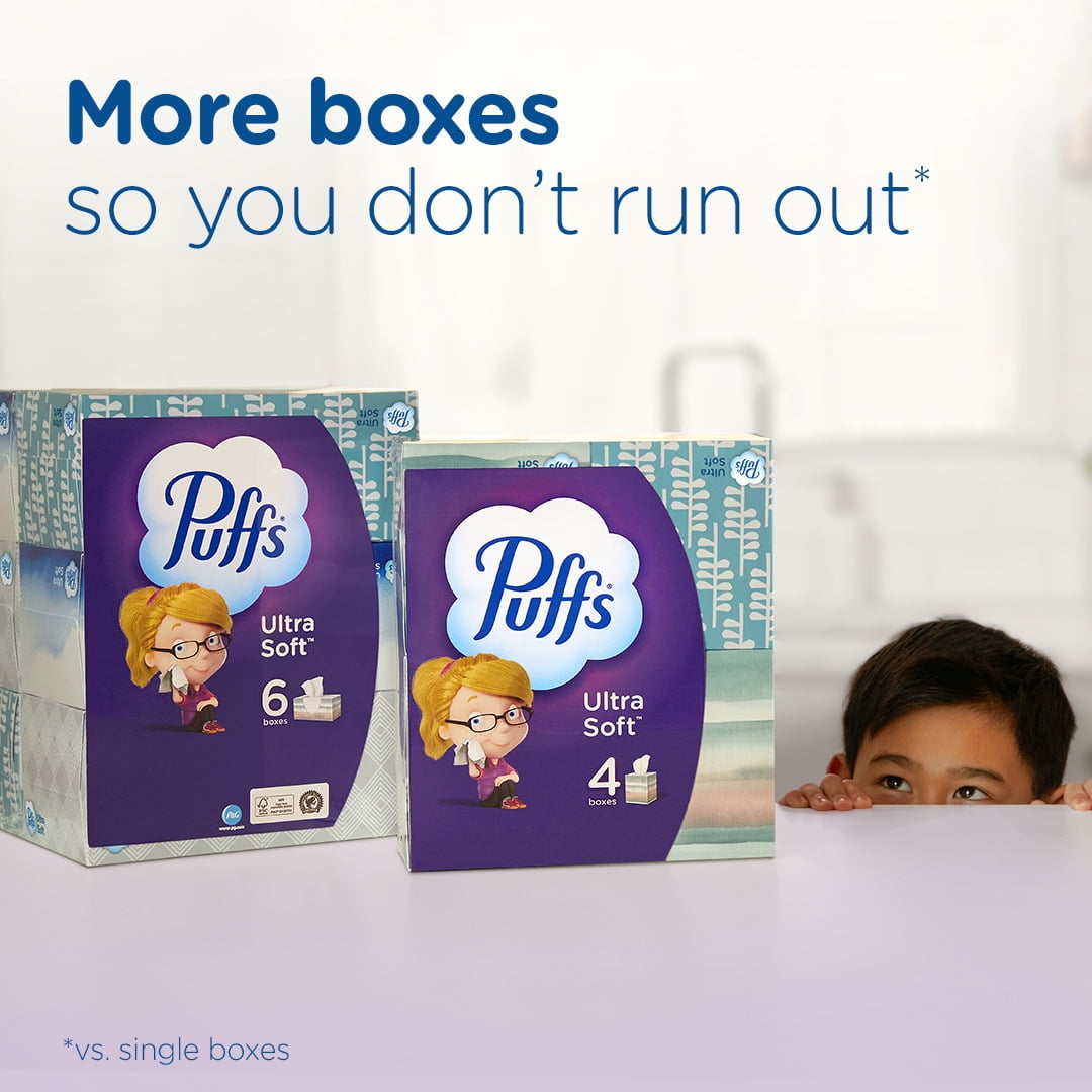 Puffs Ultra Soft Facial Tissues, Gentle Cushion-Soft Thickness (White, 4 Count, 224 Total Tissues) 5uzs6