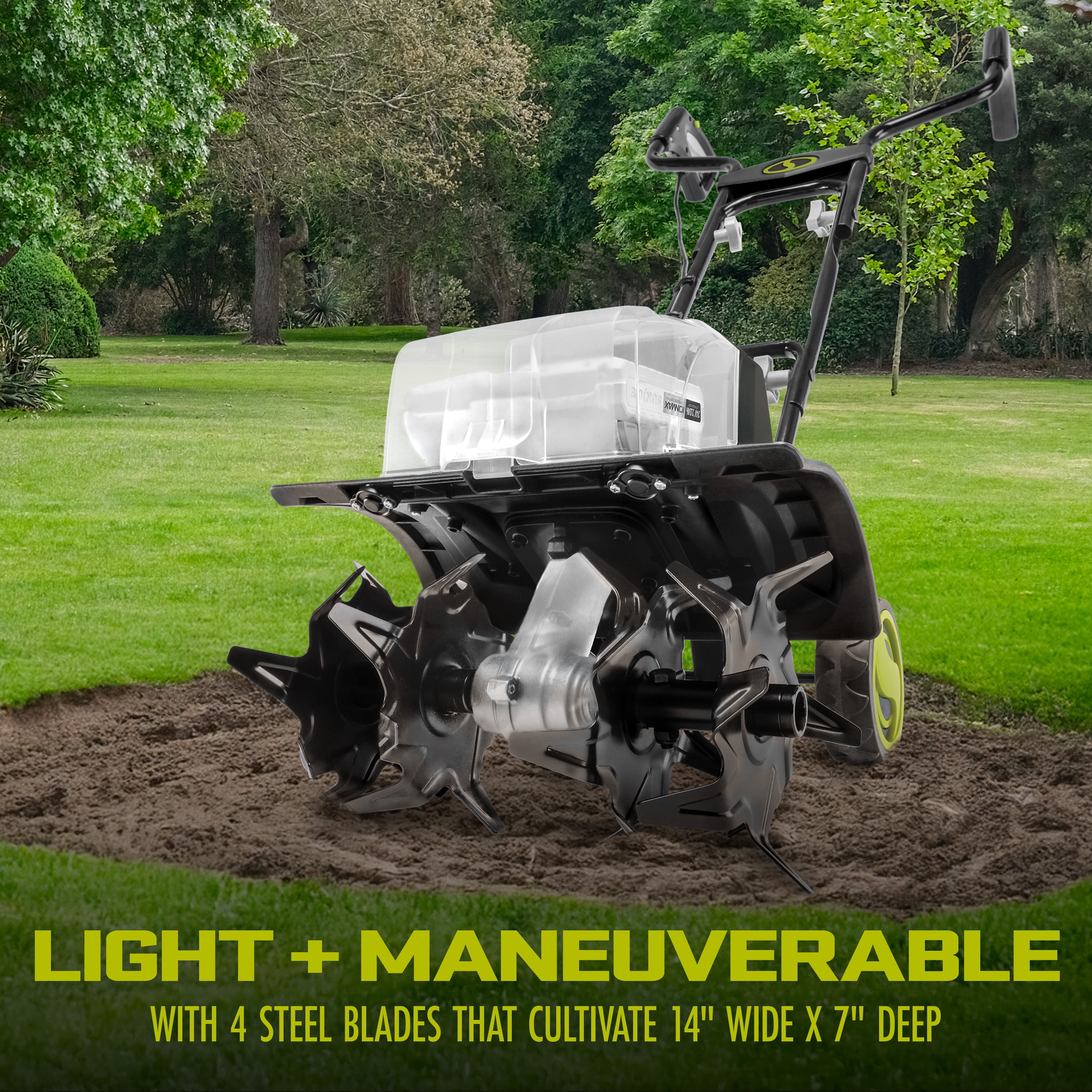 Sun Joe 48V Cordless Garden Tiller and Soil Cultivator, Electric Power Tool for Yard Maintenance (Green, 14 in Width) wllps