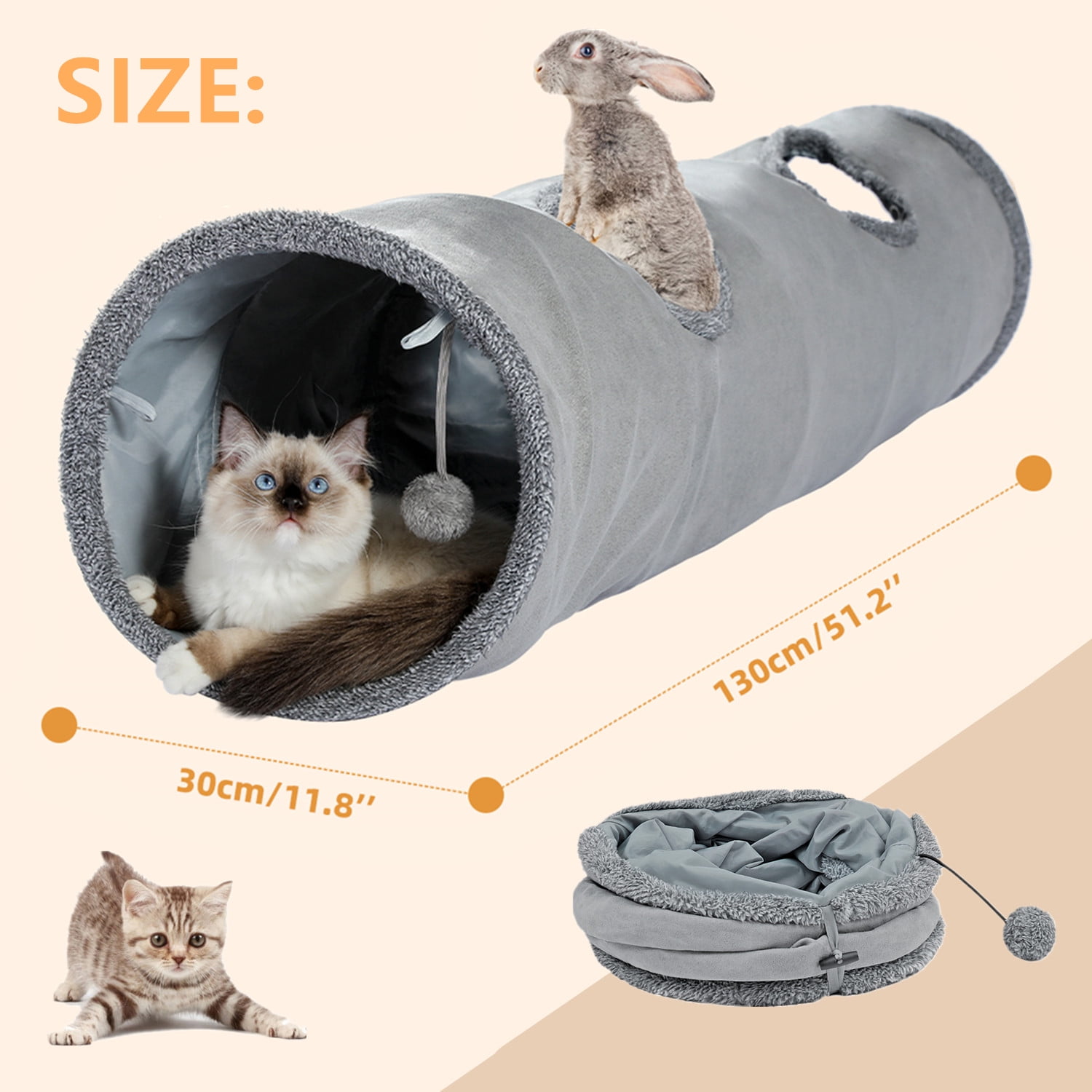 Pawz Road Cat Tunnel Collapsible Suede Hideaway Toy for Indoor Cats (Grey, 51.2 in) 1ggqj