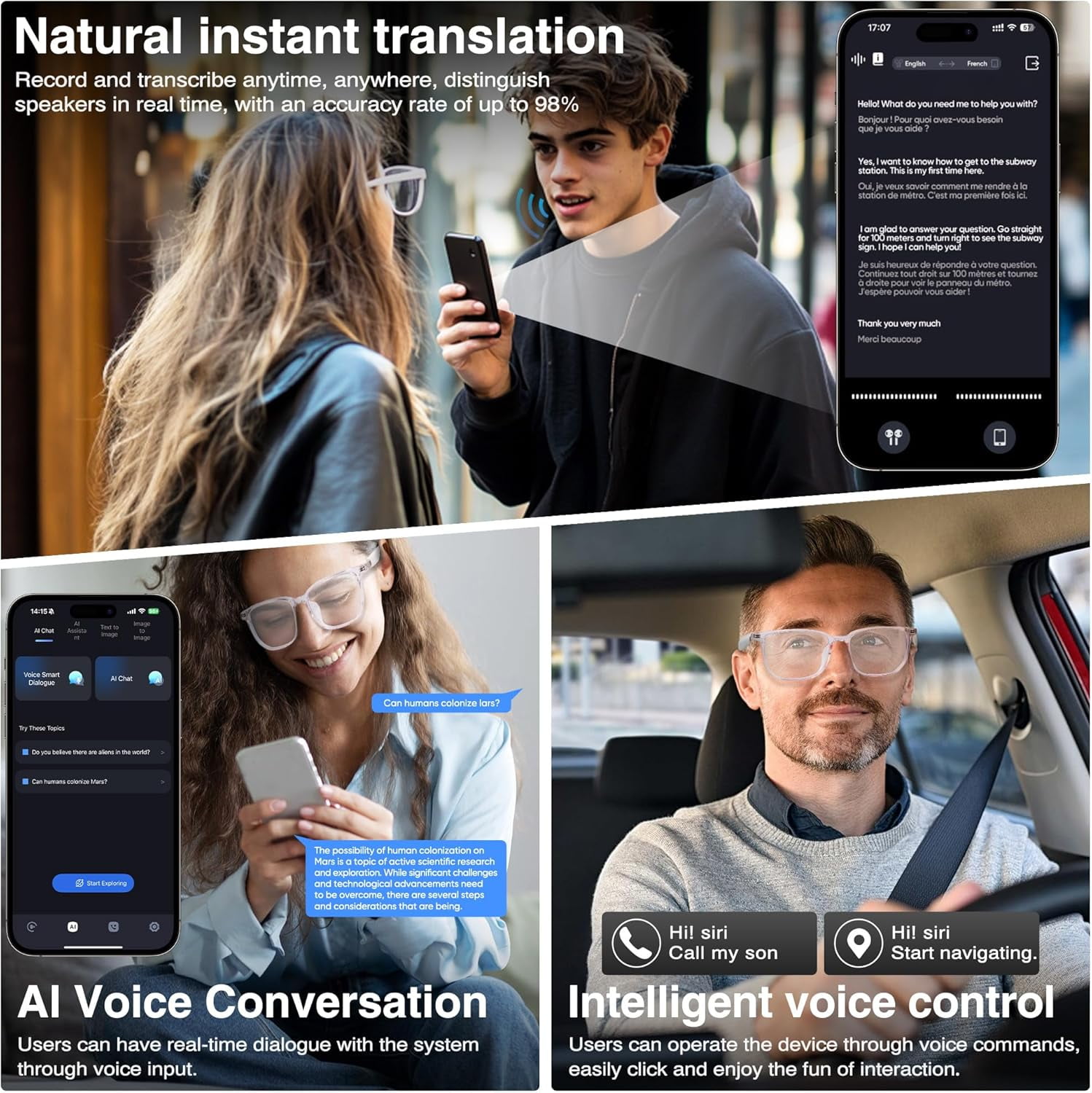 MUSICOZY AI Translator Smart Glasses, Bluetooth Audio Glasses with Real-Time 110+ Language Translation & Polarized Lenses (White, One Size) ou5xz