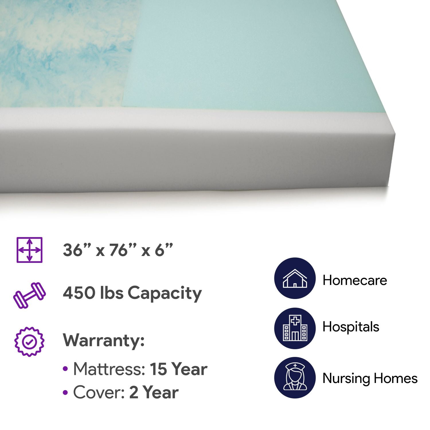 ProHeal Memory Foam Hospital Bed Mattress, Gel Infused Pressure Redistribution with Sloped Heel (36 in x 76 in x 6 in) uponk