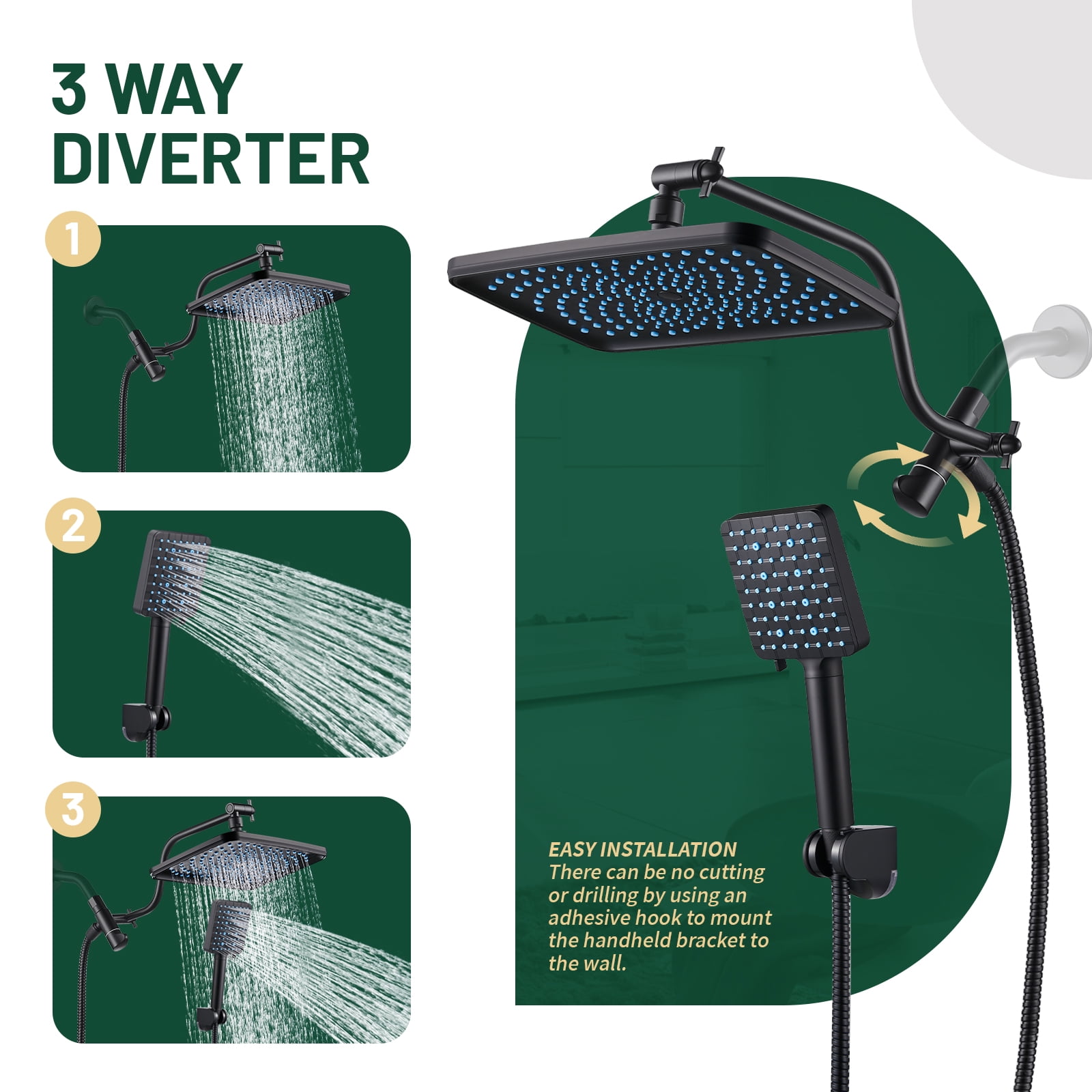 Cobbe 12 Inch Rain Shower Head Combo, High Pressure Handheld Shower Head with Filter, Adjustable Height Arm, 9 Spray Settings (Matte Black, 12 in) e2i92