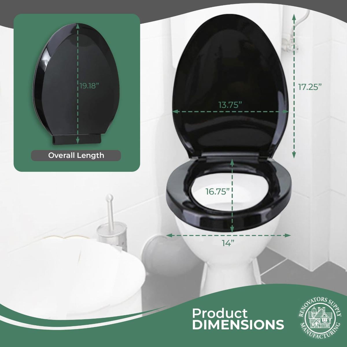 Renovator's Supply Elongated Toilet Seat (Black, 19.25 in) Slow Close Soft Close Plastic Lid with Adjustable Hinges khdga