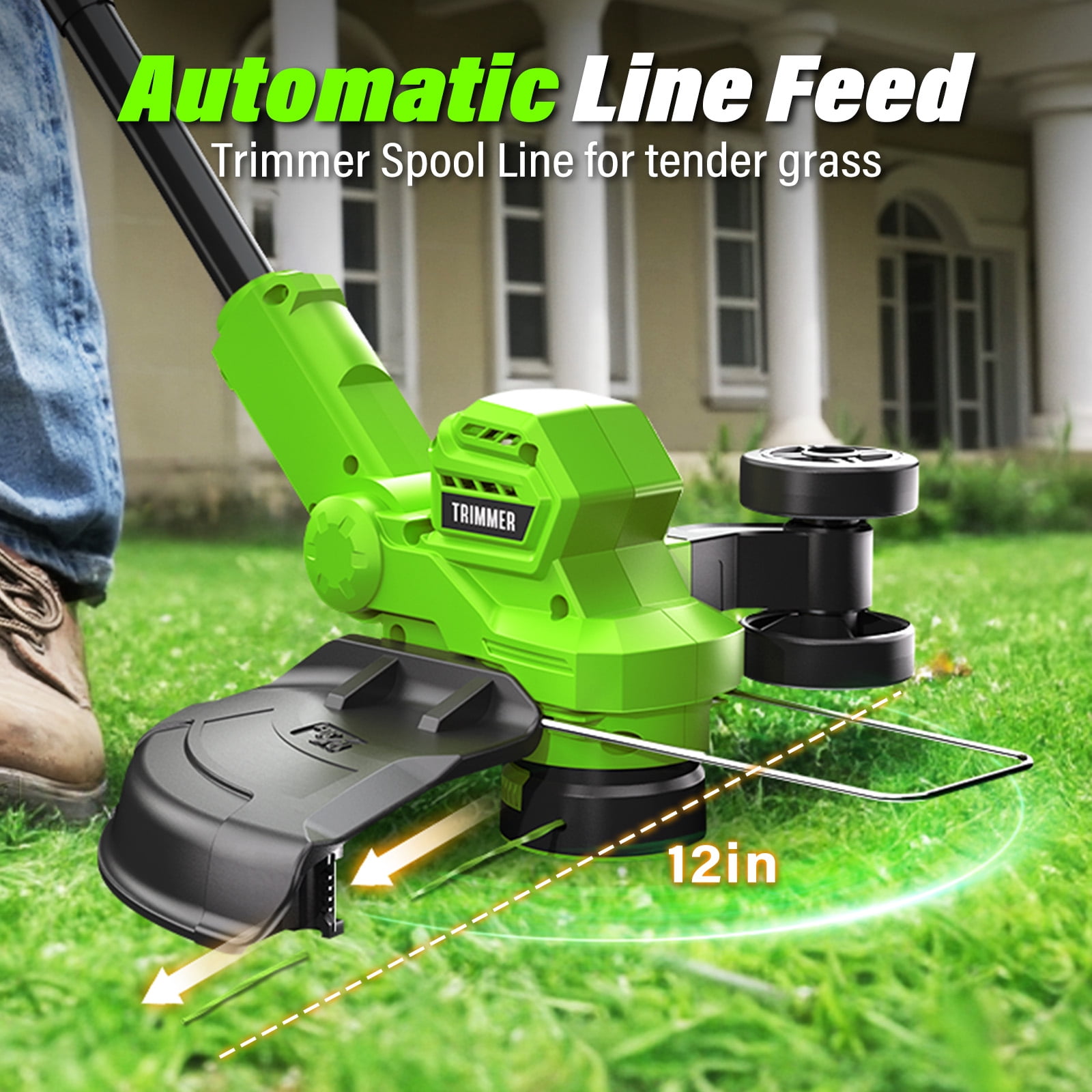 Generic 20V Cordless String Trimmer and Lawn Edger, Brushless Motor, 2x2.0Ah Batteries, 12 in Cutting Path (Black/Green, 12 in) fvha6