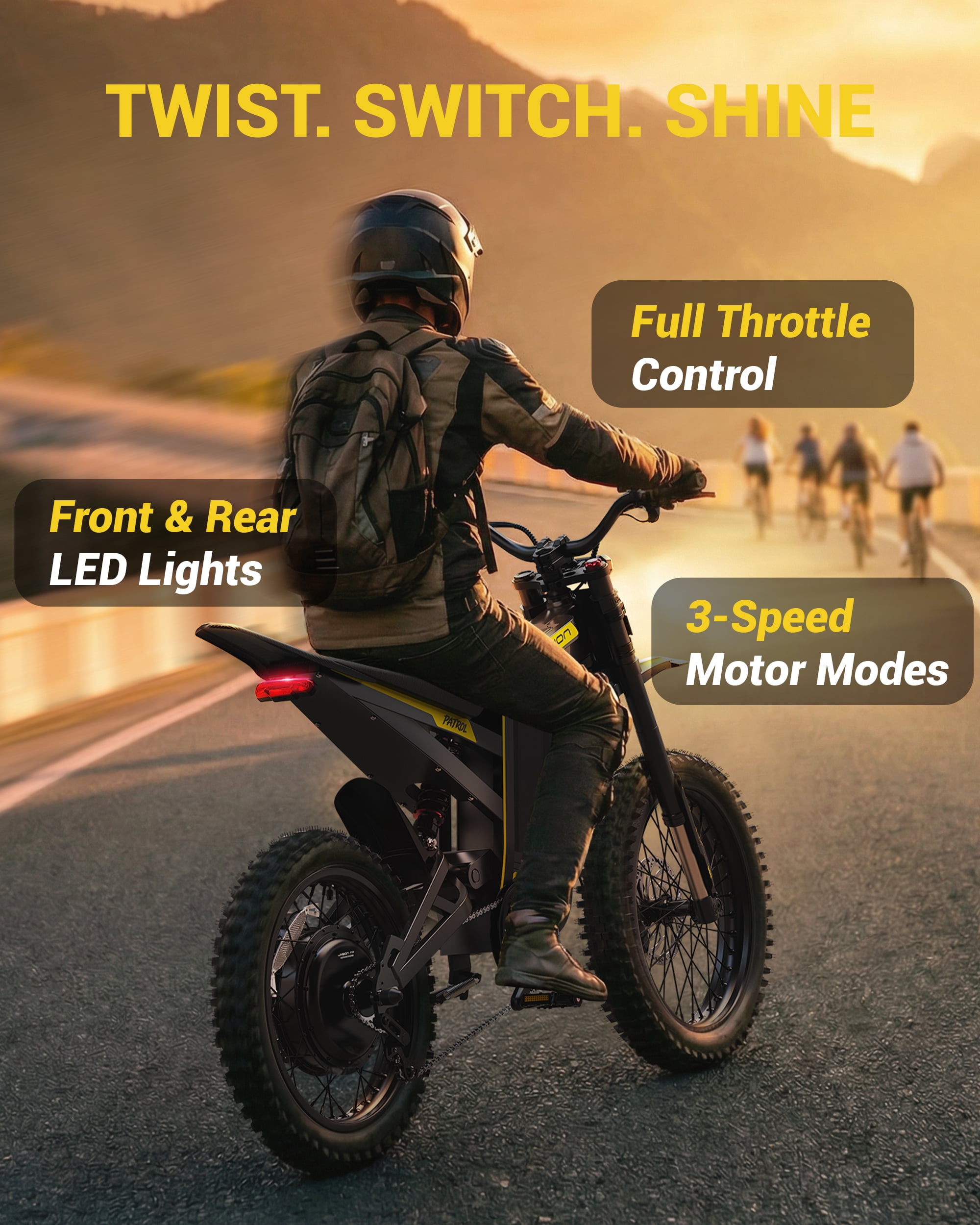 Jasion Patrol Electric Dirt Bike for Adults, 4000W Peak Motor, 52V 30Ah Battery, Fat Tire Off-Road E-Motorcycle (Yellow, 19 in/17 in) 3r5vd