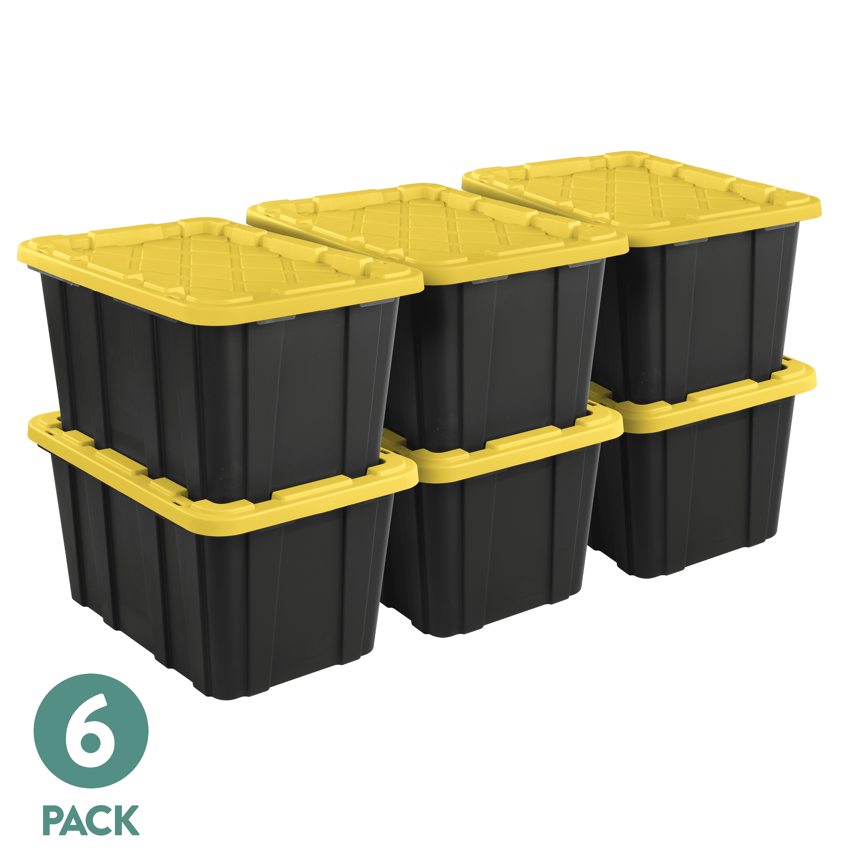 Sterilite Industrial Storage Tote, Heavy-Duty Plastic Bin with Snap-On Lid (Black and Yellow, 27 Gallon, 6 Pack) mwkwh