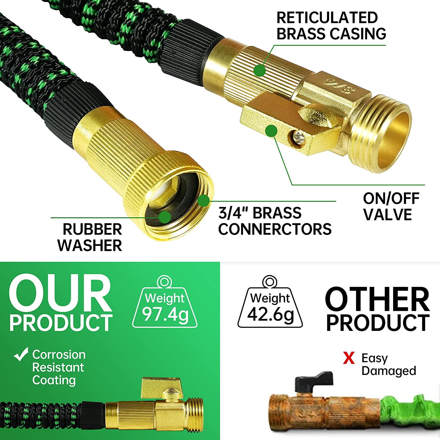 LarmTek Expandable Garden Hose with 10-Pattern Spray Nozzle and Brass Connectors (Green, 100 ft) ot1ce