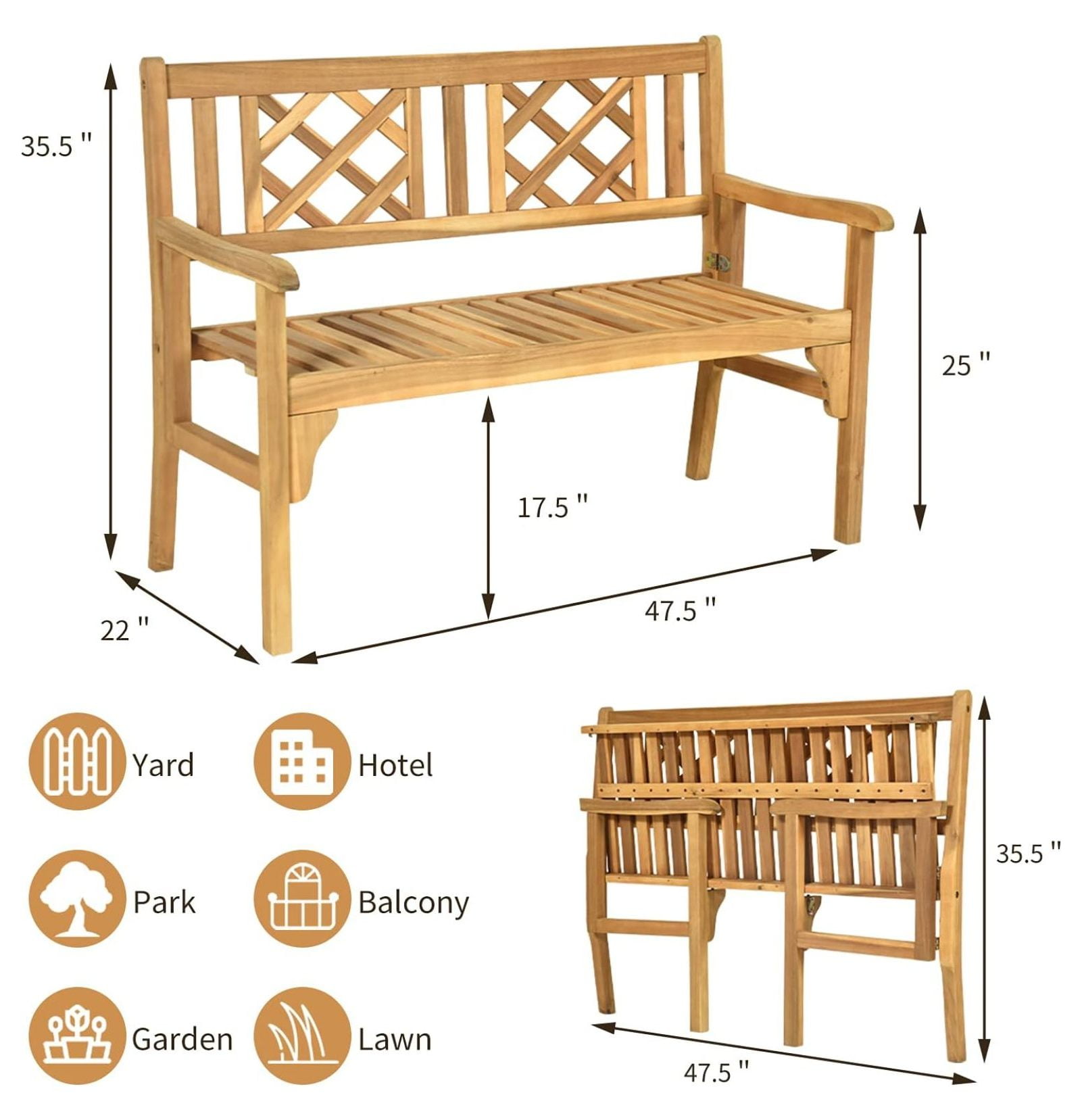 HJXWALHJX Folding Patio Garden Bench, 2-Person Outdoor Wood Porch Loveseat with Slatted Seat and Armrest (4 ft) kai4b