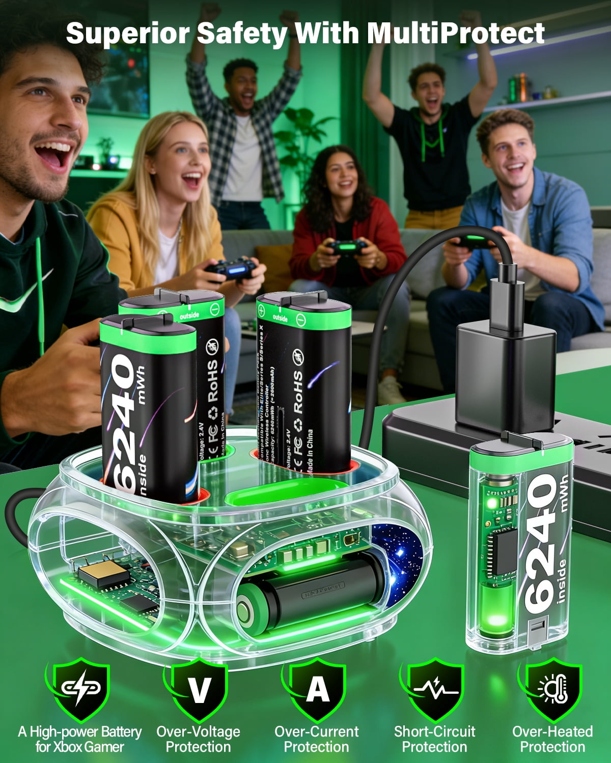 ZRZLMVP Rechargeable Battery Pack for Xbox Controller with Charging Station (4-Pack, 6240mWh) 3p7cf