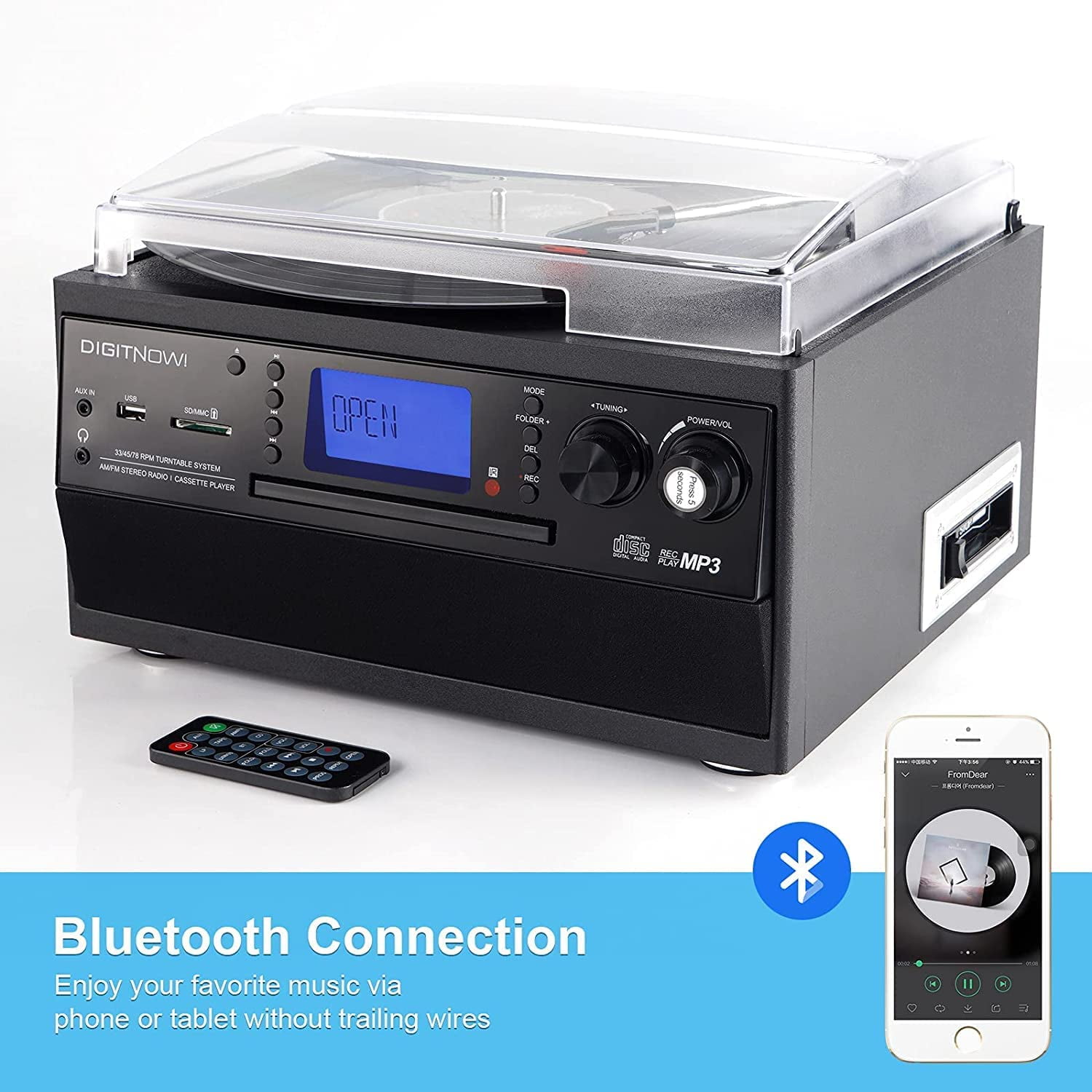 EYESEN Vintage Record Player with Bluetooth, CD Player, Cassette Deck, and AM/FM Radio (Stereo Speakers, Remote Control) bshug