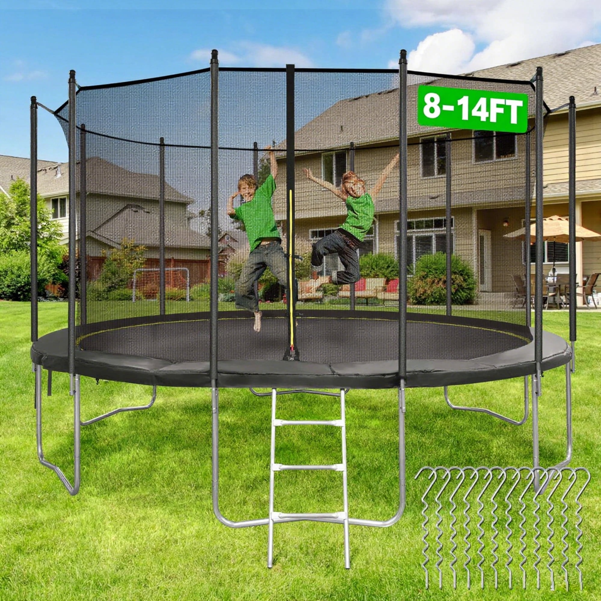 MARNUR 14 ft Outdoor Trampoline with Enclosure Net, Ladder, and Wind Stakes (330 lb Capacity) lzl8t