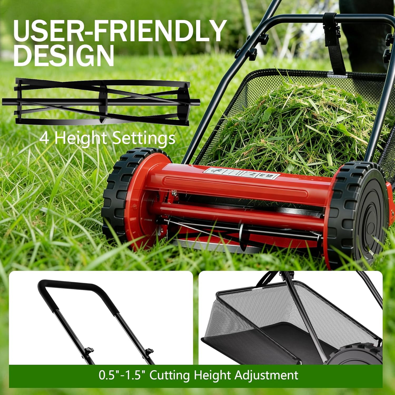 Juiluna 14 Inch Push Reel Lawn Mower, Manual Walk-Behind Mower with Grass Catcher, 5 Steel Blades, Adjustable Cutting Height (14 in) mu00r