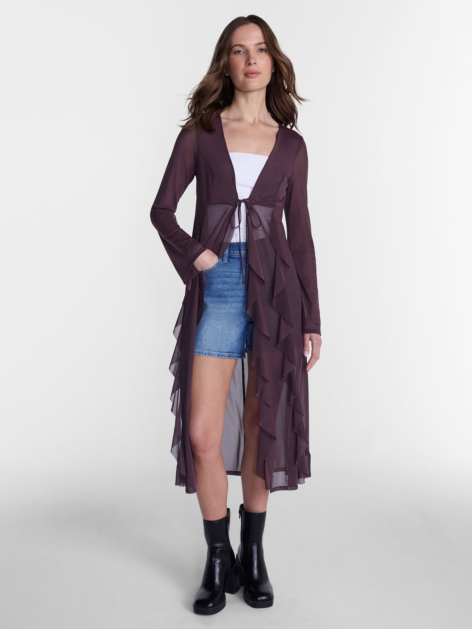 Madden NYC Women’s Ruffle Sheer Tie Front Duster Long Sleeve Cardigan (Red, XXS-XXL) vvmwq
