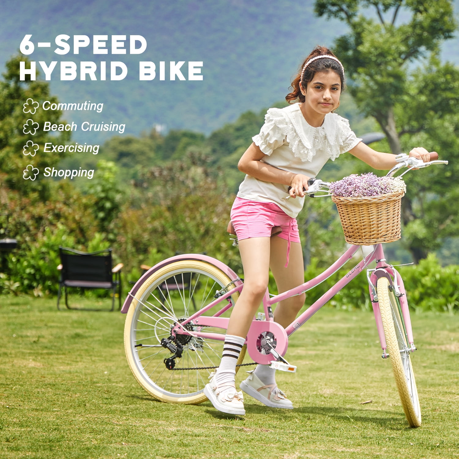 Glerc Missy 24 in Girls Cruiser Bike, 6-Speed Hybrid Bicycle with Wicker Basket (Pink) rf9wa