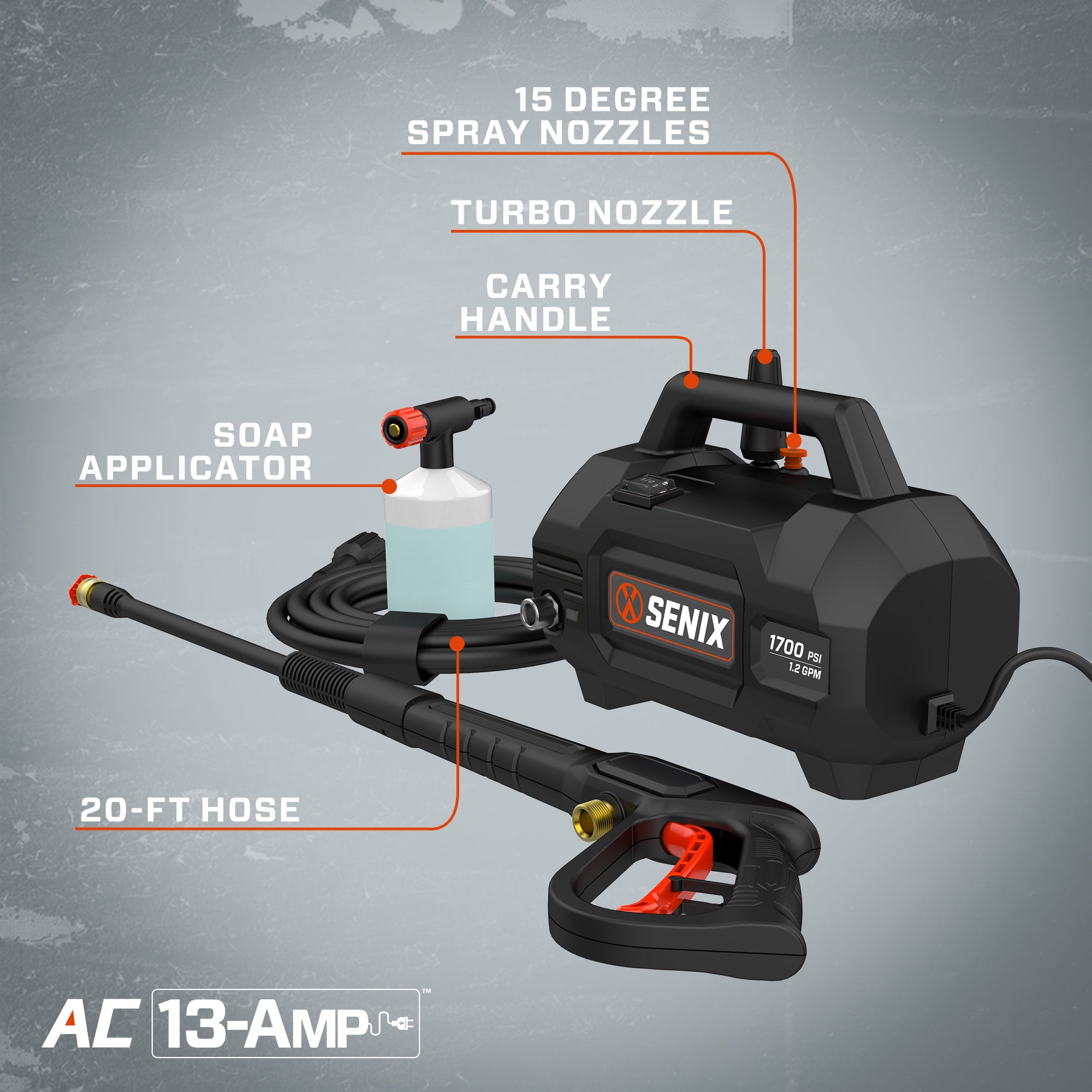 Senix Electric Pressure Washer with Foam Cannon and Turbo Nozzle (2100 PSI, 1.63 GPM) xt5ey