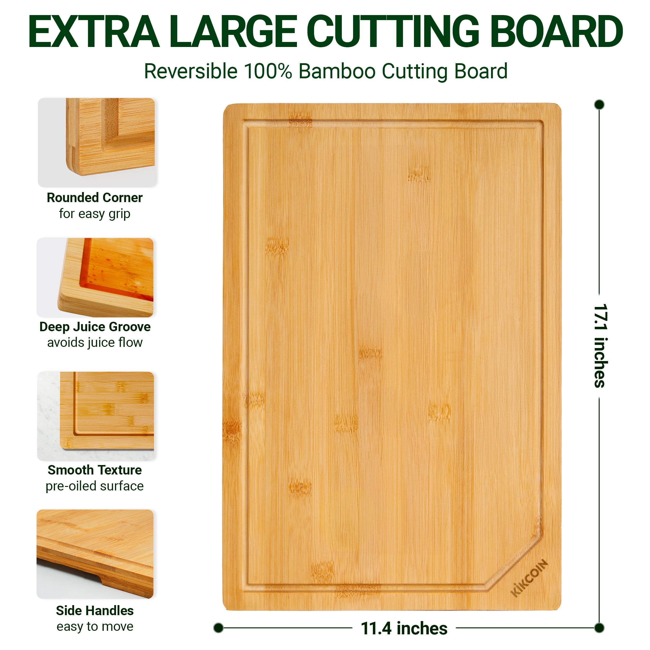 Kikcoin Bamboo Cutting Board for Kitchen, Reversible with Deep Juice Groove and Built-in Handle (17.1 in x 11.4 in) m0vsr