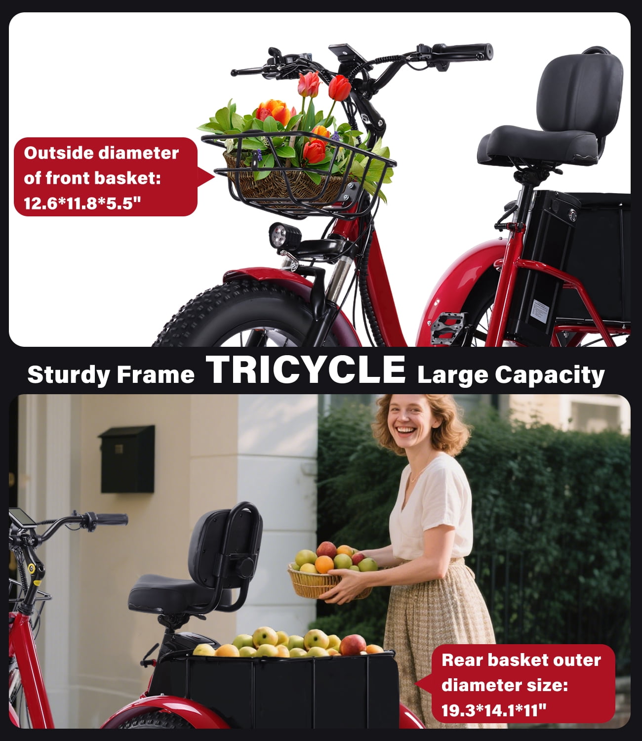 EASINGO Electric Tricycle for Adults 500W Motor 7-Speed Fat Tire E-Trike with Rear Basket (Red, 330 lb Capacity) w42tx