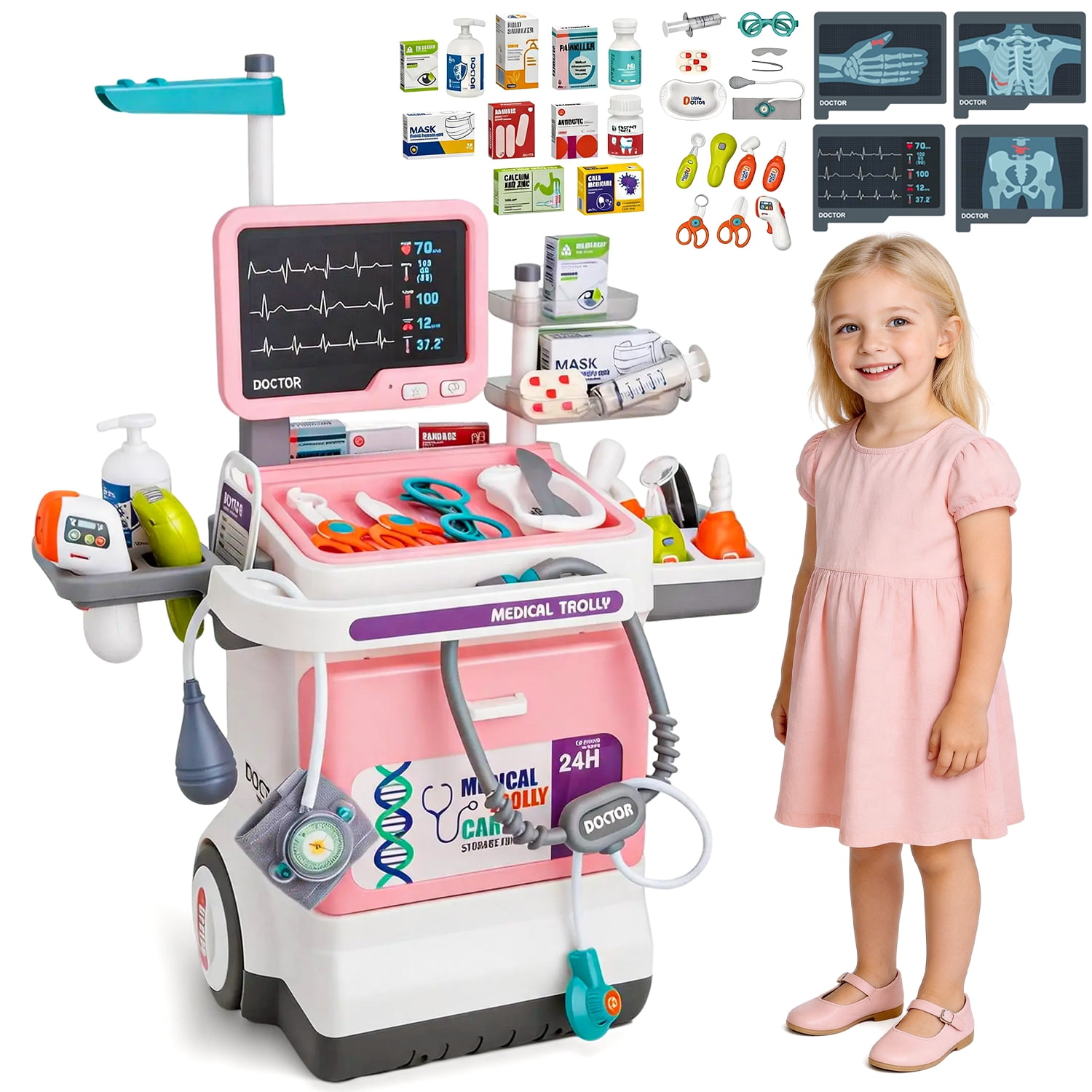 LINXUXIE Doctor Medical Play Set with Mobile Cart, Pretend Play Role Play Activity Center (Pink, 1 Set) huslj