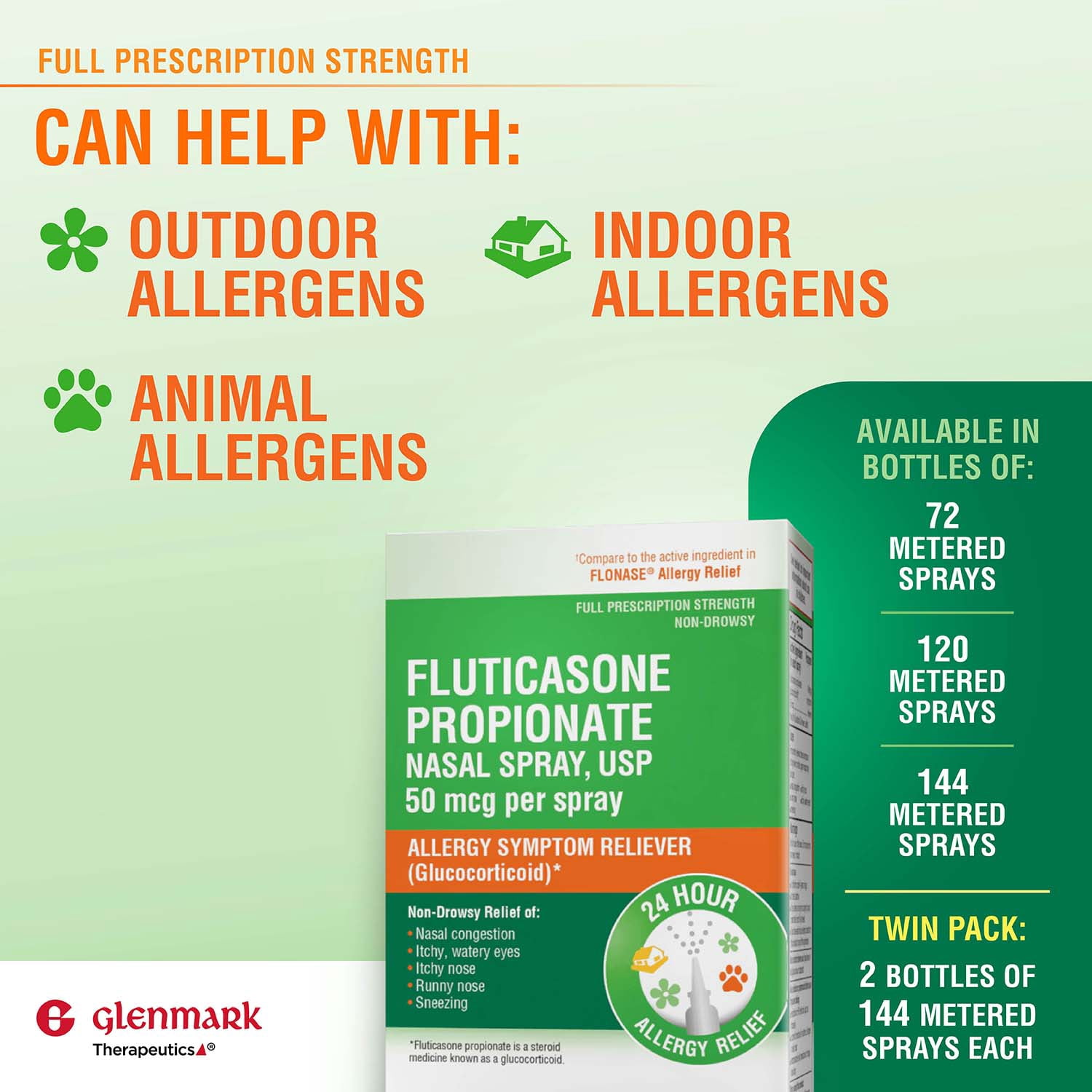 Glenmark Fluticasone Propionate Nasal Spray, Allergy Symptom Reliever, Non-Drowsy (144 Metered Sprays) 0bw9m