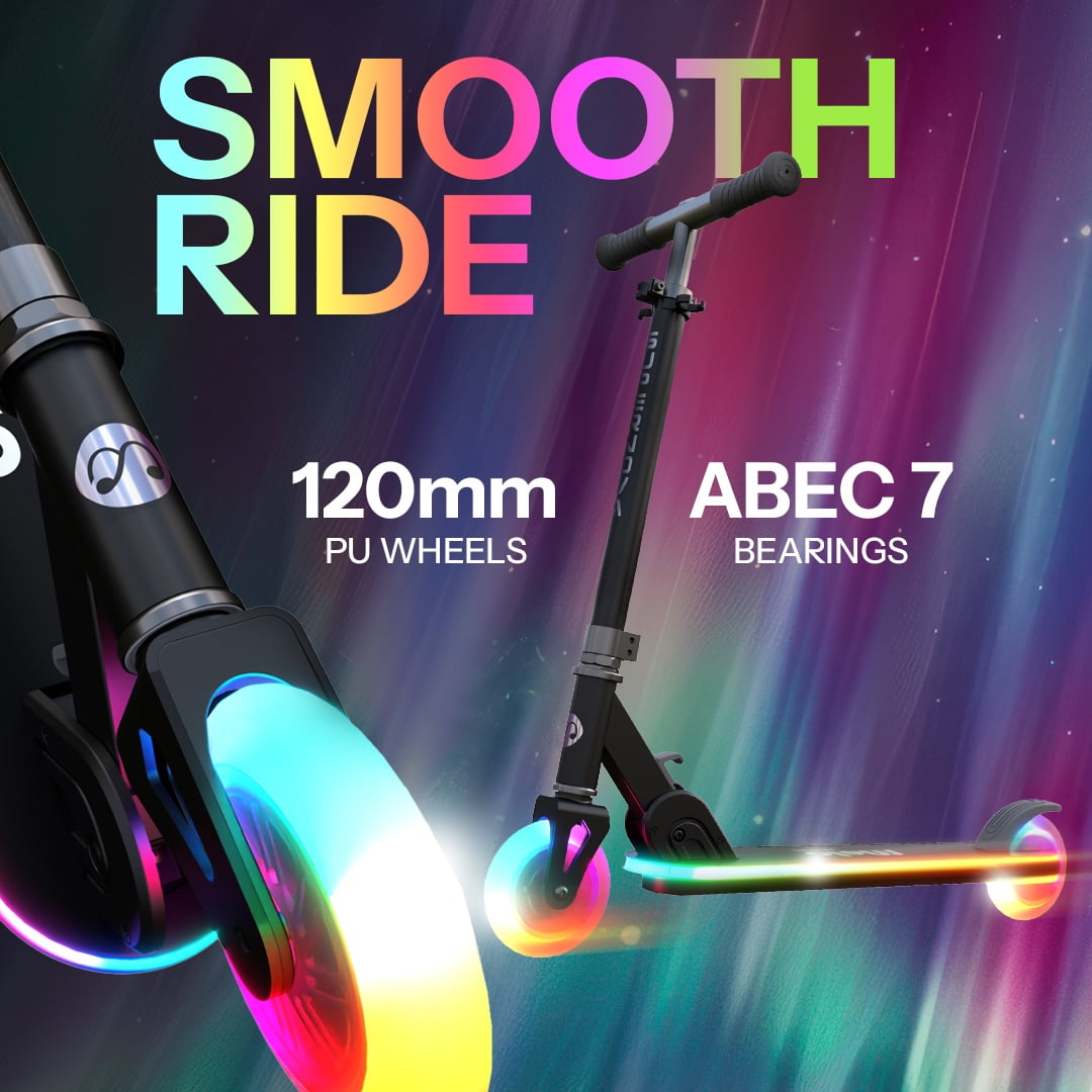 Melo Supernova Kick Scooter - Kids Folding LED Light-Up Scooter with Adjustable Handlebars (Black, 30 in) nimbb