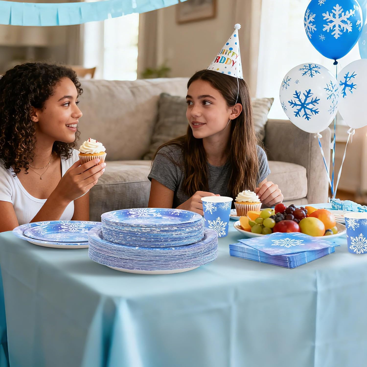 Generic Frozen Party Supplies Set Snowflake Tableware for 50 Guests (White/Blue, 350 Pieces) s9efh