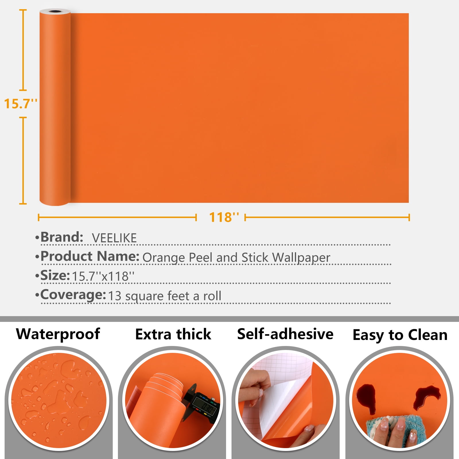 VEELIKE Peel and Stick Orange Wallpaper, Waterproof Removable Vinyl Contact Paper for Kitchen Cabinets and Furniture (Orange, 15.7 in x 118 in) yxu8y