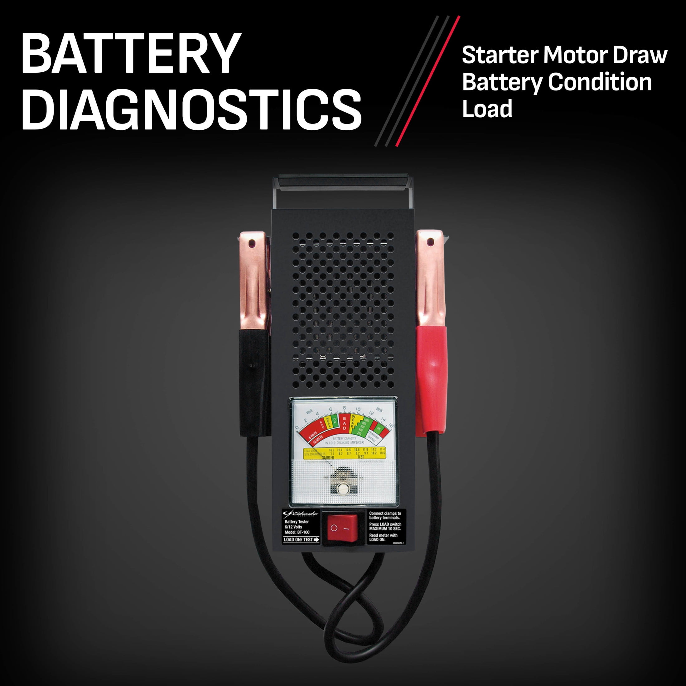 Schumacher Electric 100A Battery Load Tester and Voltmeter for 6V/12V Automotive and Marine Systems (BT-100) dgrgn