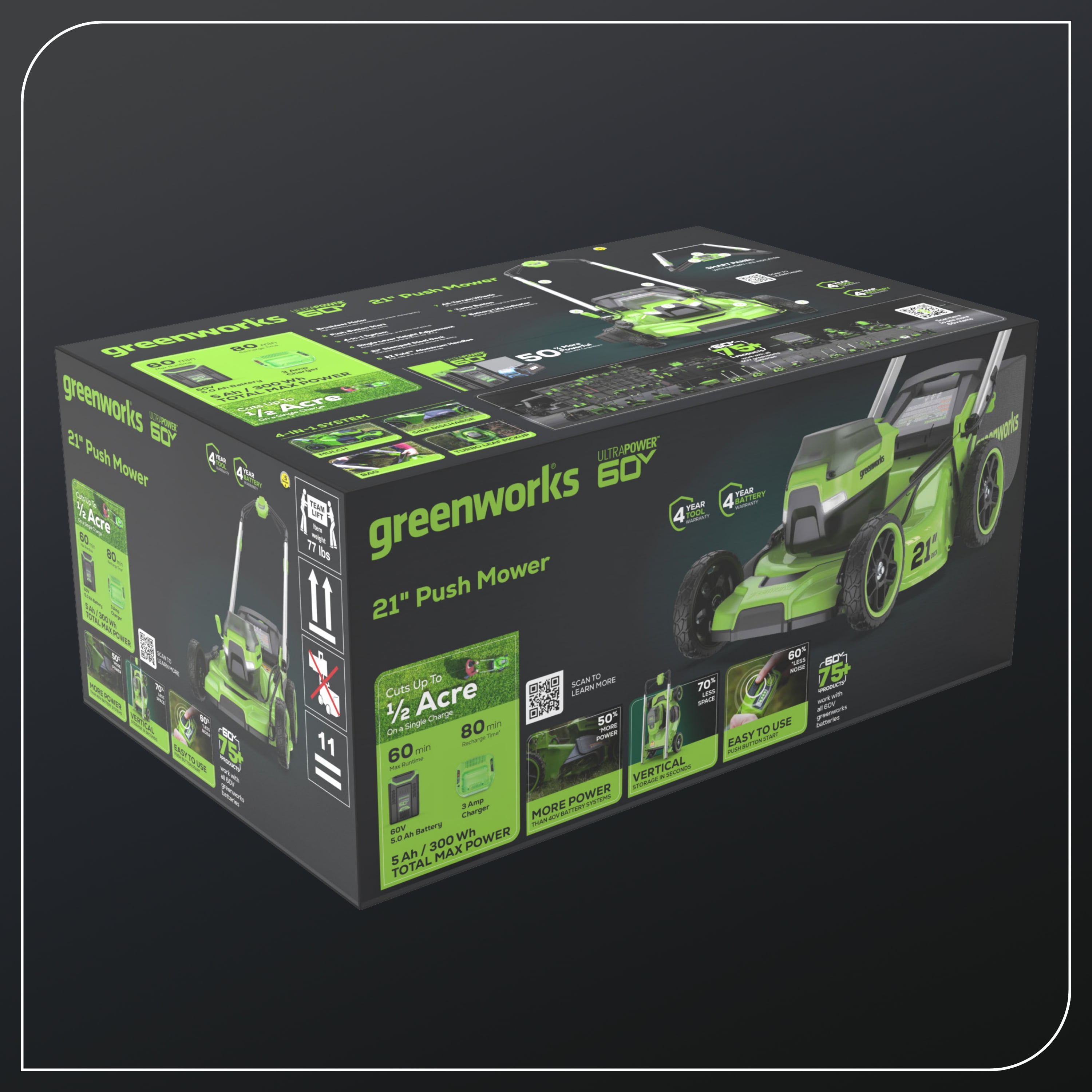 Greenworks 60V 21 in. Cordless Push Lawn Mower with 5.0 Ah Battery and Charger (Black, 21 in.) 2m0d8