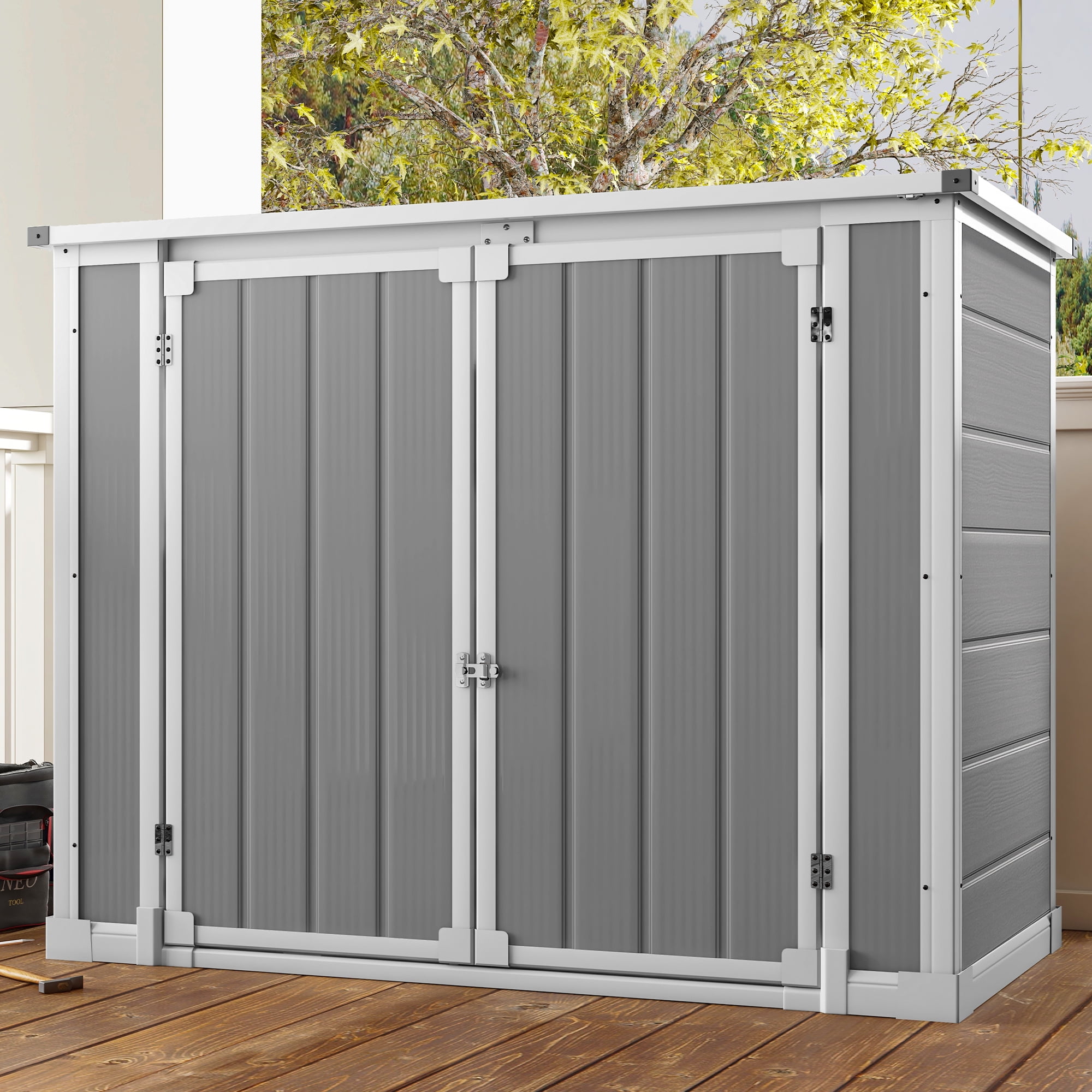 Uforic Outdoor Storage Shed, Weatherproof Resin Garden Cabinet with Hydraulic Struts and Triple Security Locks (Grey, 56 in x 30 in x 43 in) zyjzs