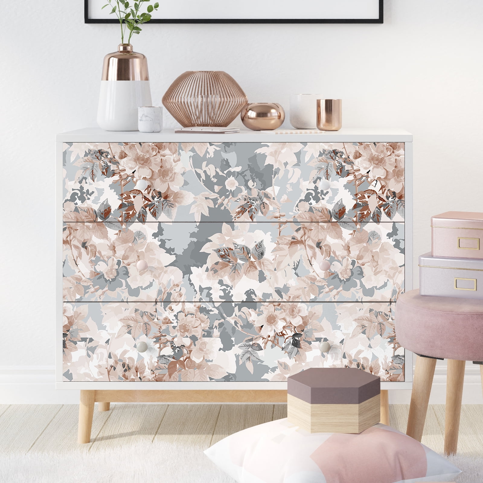 VEELIKE Floral Peel and Stick Wallpaper Watercolor Flower Contact Paper for Bedroom and Nursery (Grey Pink, 17.7 in x 118 in) znykk