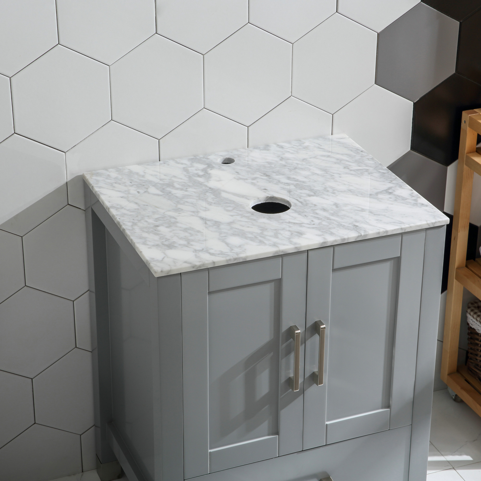 Goodyo 24 in Bathroom Vanity and Sink Combo with Marble Pattern Top, Mirror, and Faucet (Gray, 24 in) a4idm