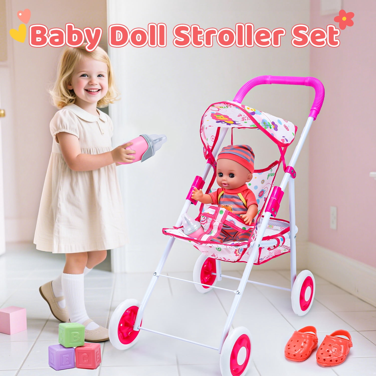 JoyStone Baby Doll Play Set with 12.5 in Doll, 21 in Foldable Stroller, High Chair, and 35 PCS Accessories (Multicolor, 12.5 in) rusm0