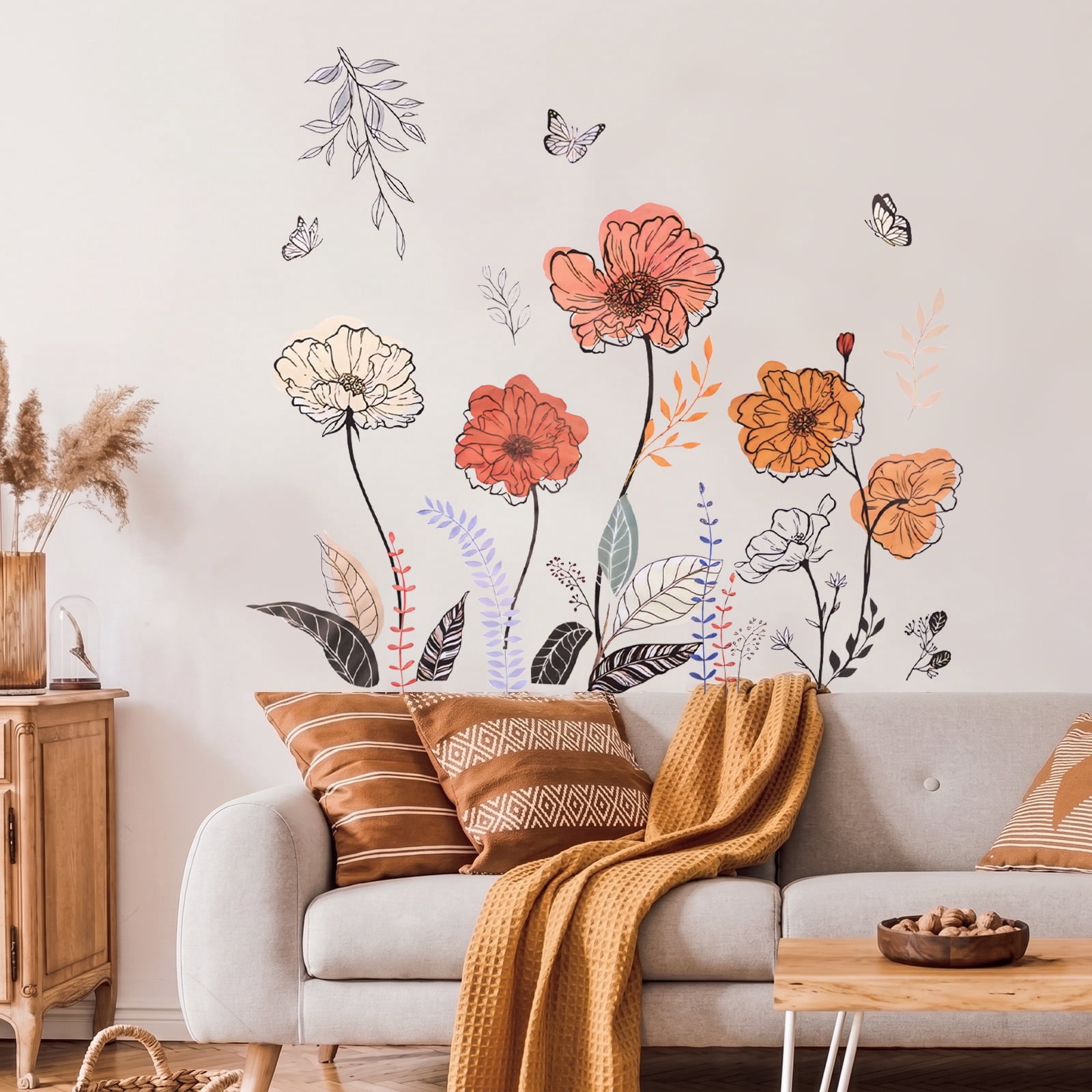 Jimin Boho Wildflower Wall Decals, Peel and Stick Floral Grass Art for Living Room Bedroom (Multicolor, 47.2 in x 15.7 in) 33i7p