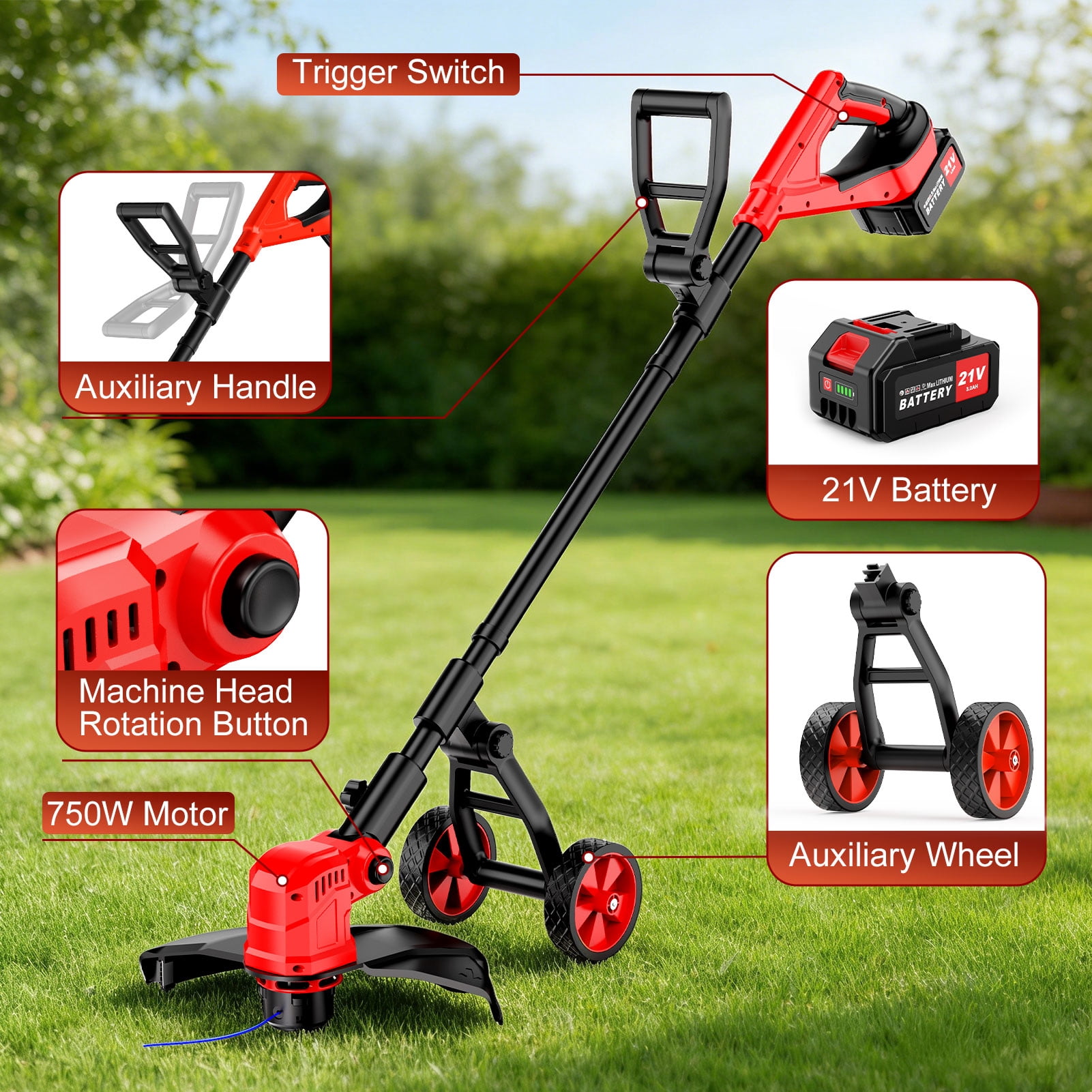 Tanbaby Cordless String Trimmer, Electric Weed Eater with 2 Batteries and Auxiliary Wheel (12 in) 3pzma