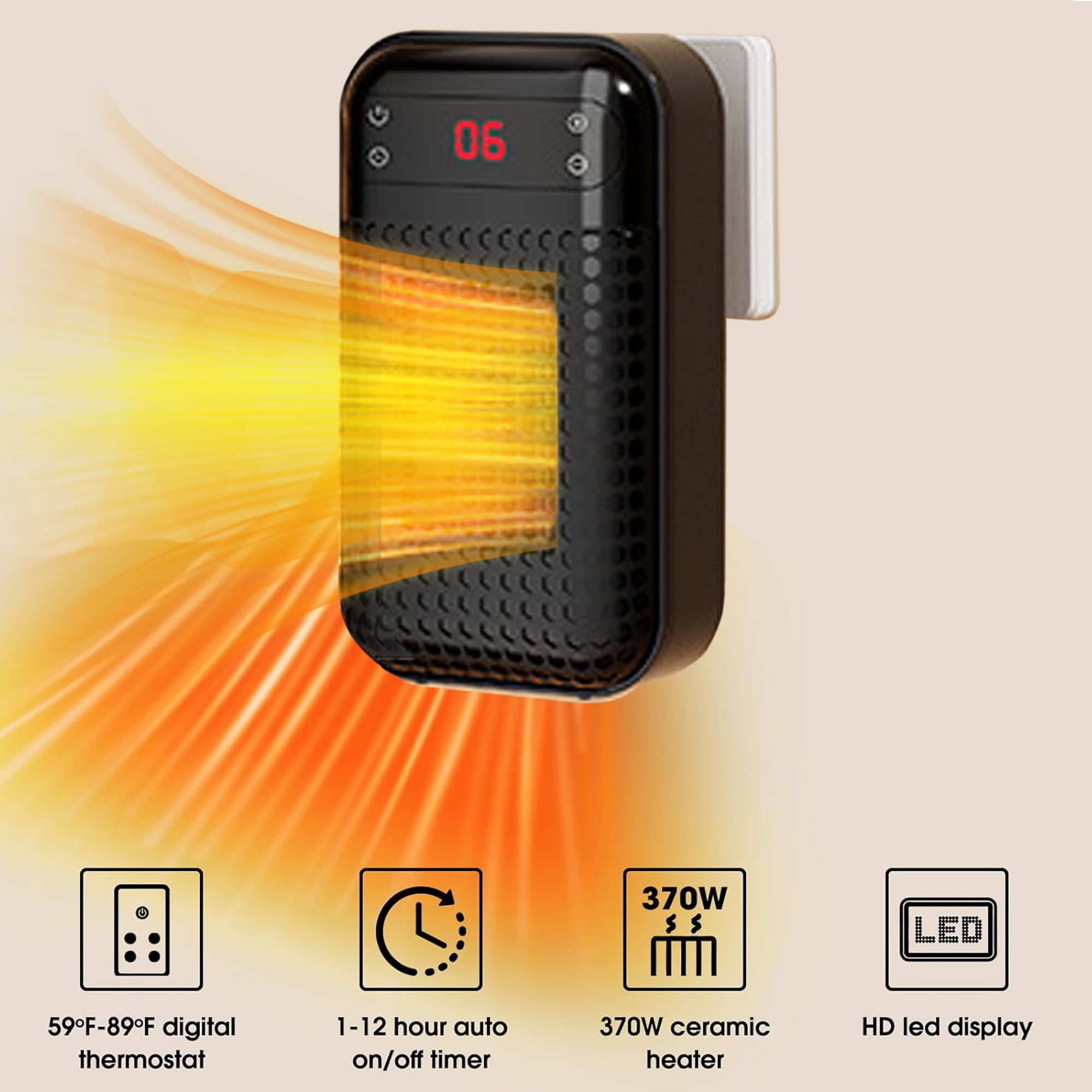MUSICOZY Portable Electric Wall Space Heater with Adjustable Thermostat and Timer (Black, 500W) nlhj5