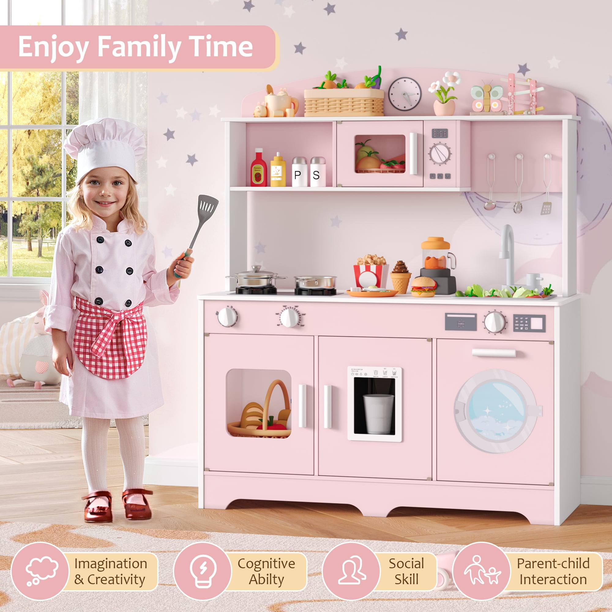 Hiphuta Wooden Kids Play Kitchen Set with 11 Accessories, Interactive Pretend Cooking Station (Pink, 1 Set) rk68r