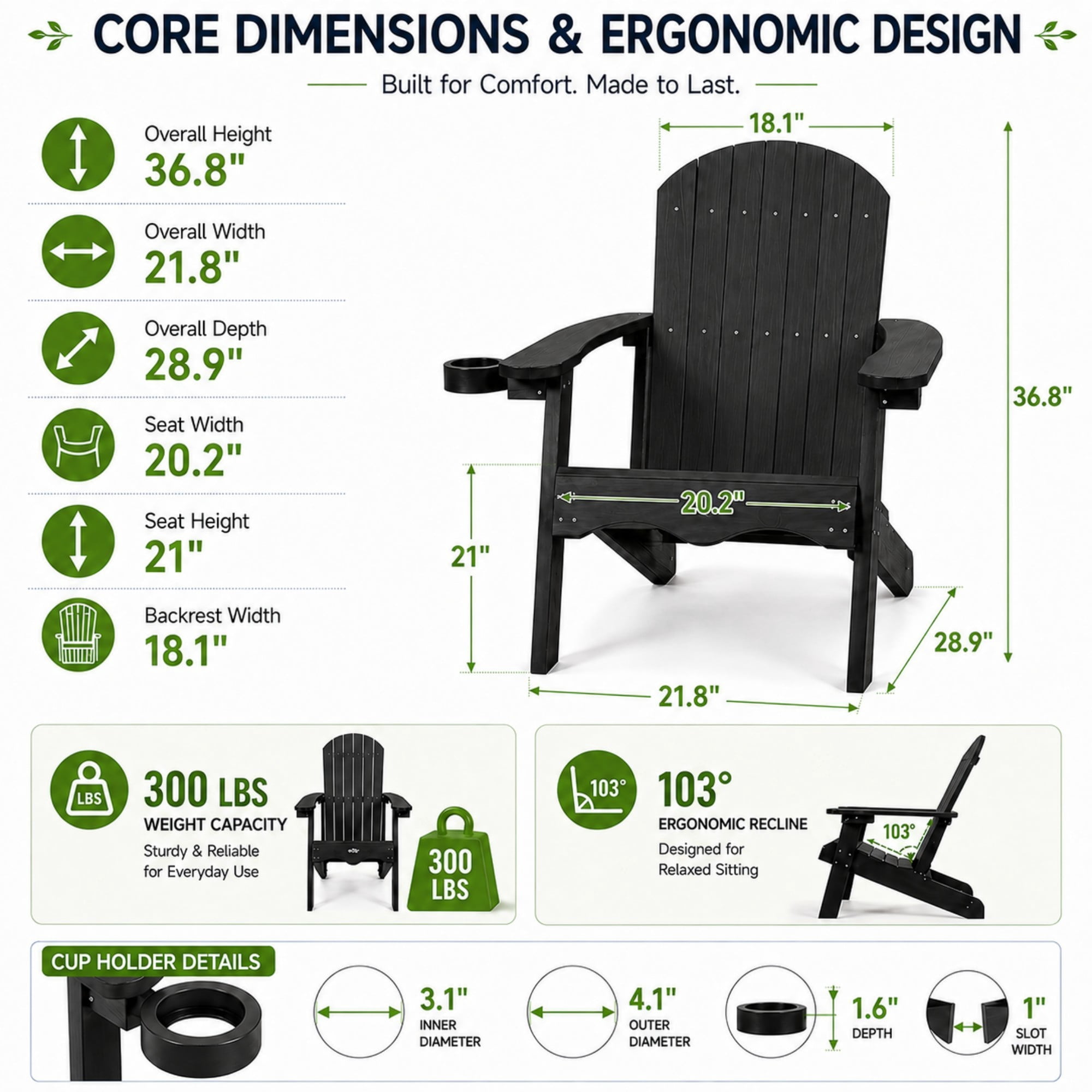 Y&M Adirondack Chair, Weather Resistant HDPE Outdoor Patio Seat with Rotating Cup Holder (Black, 1-Pack) ntebp