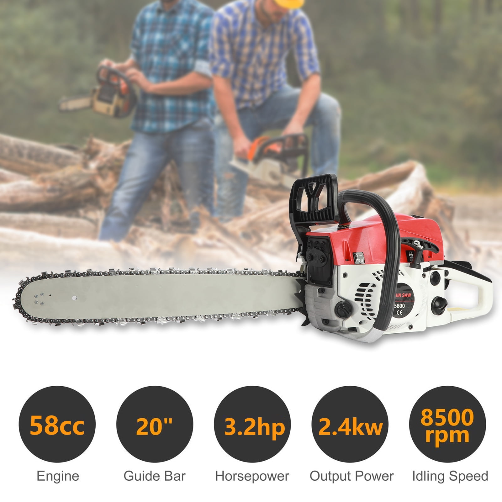 Arlohe 58cc 2-Stroke Gas Chainsaw, 3.2HP Professional Logging Tool with 20-in Bar (Orange, 20-in) p6an9